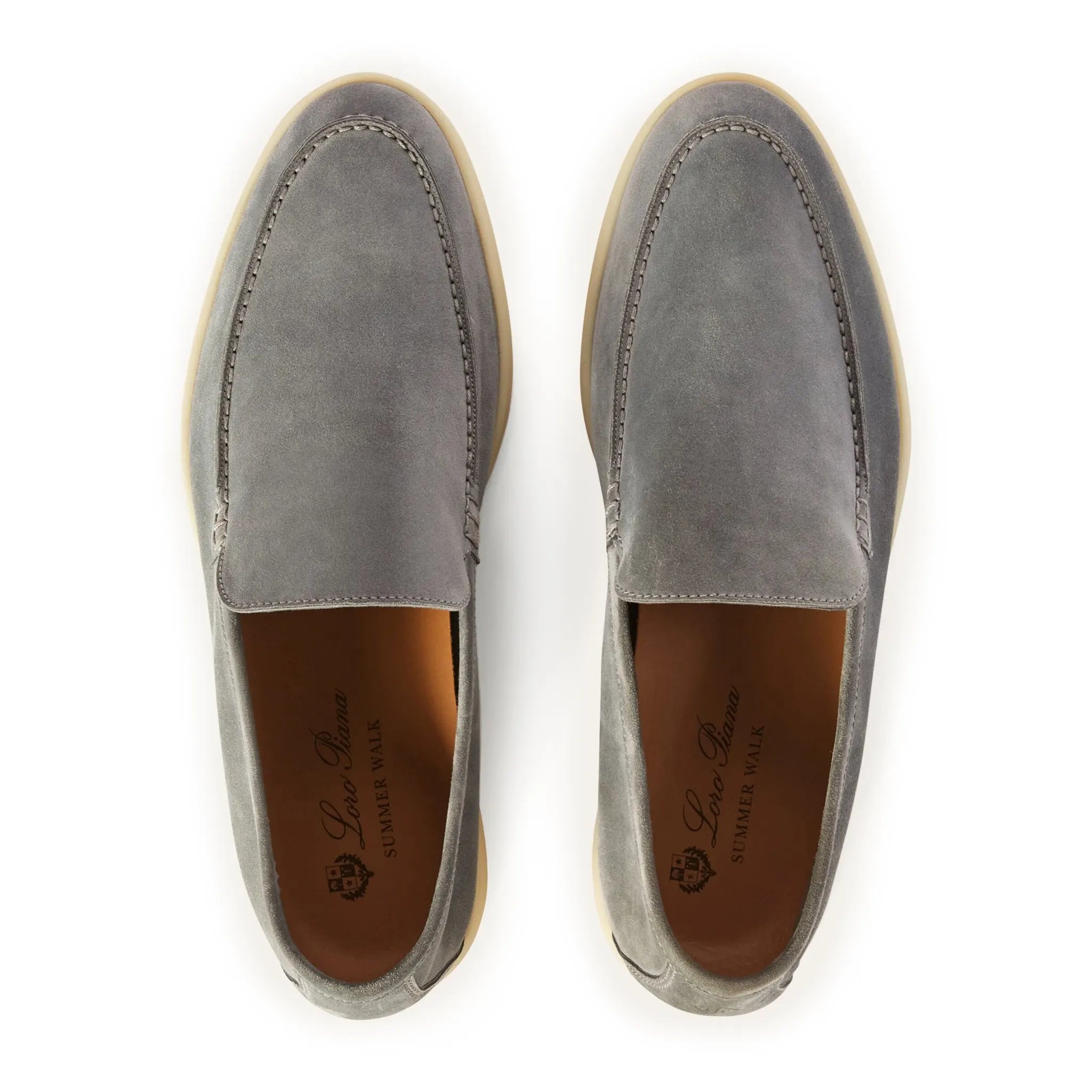 Top view of Loro Piana Summer Walk Suede Gull Grey Loafers FAE8124