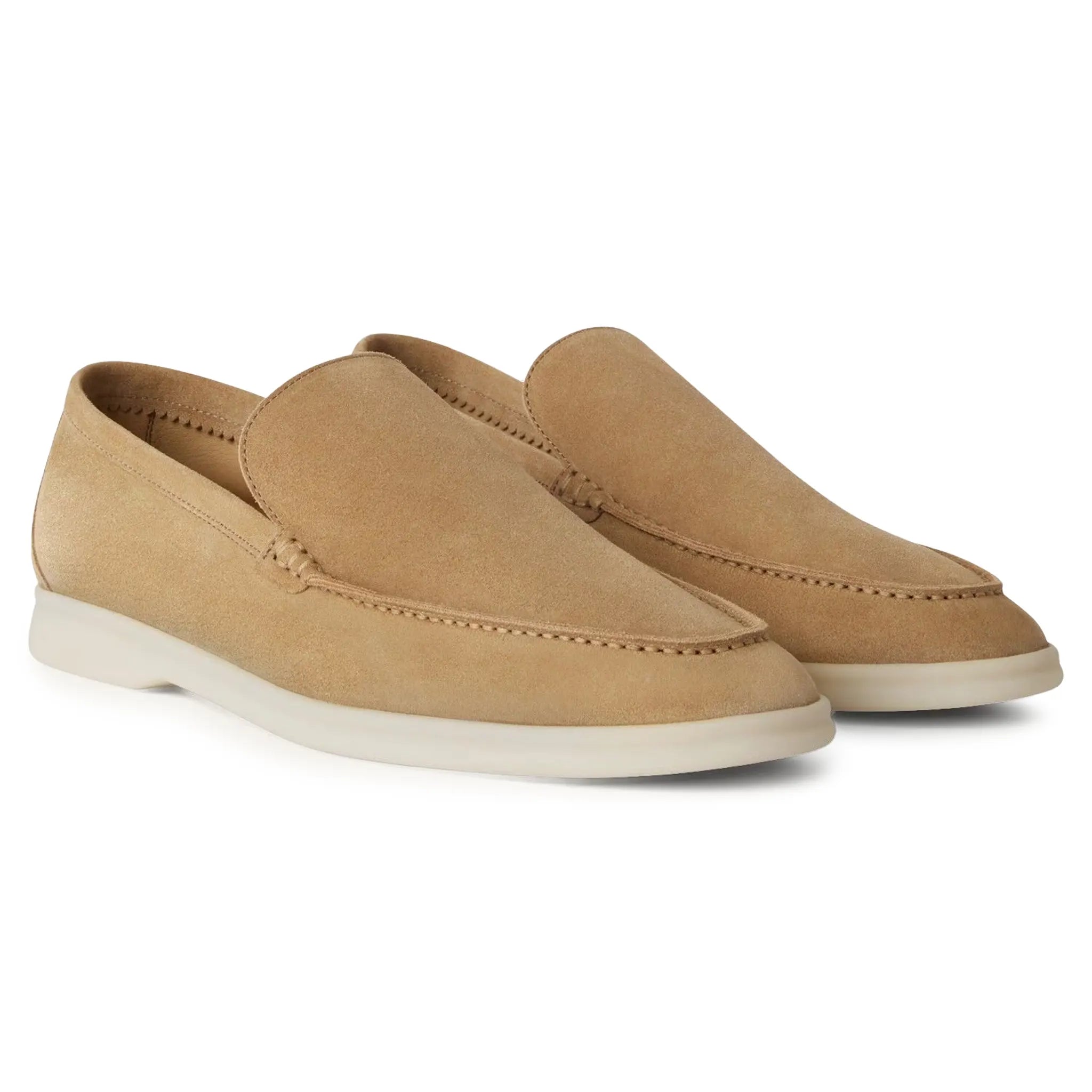 Front Side View of Loro Piana Summer Walk Suede Light Wood Smoke Loafers FAE8124