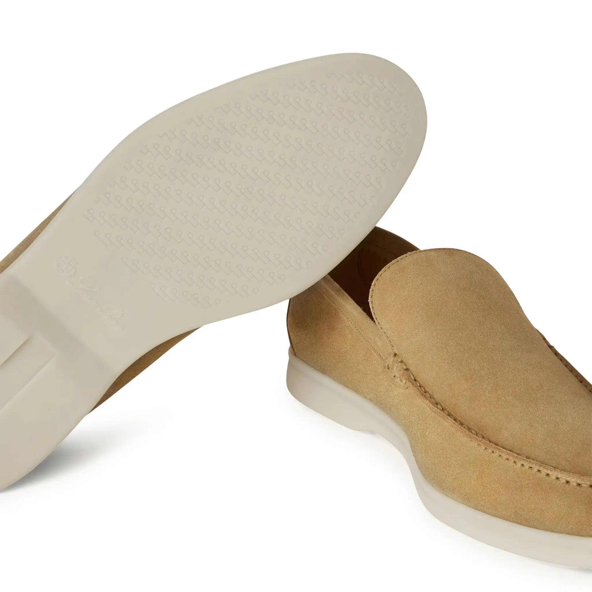 Sole Upper Side View of Loro Piana Summer Walk Suede Light Wood Smoke Loafers FAE8124