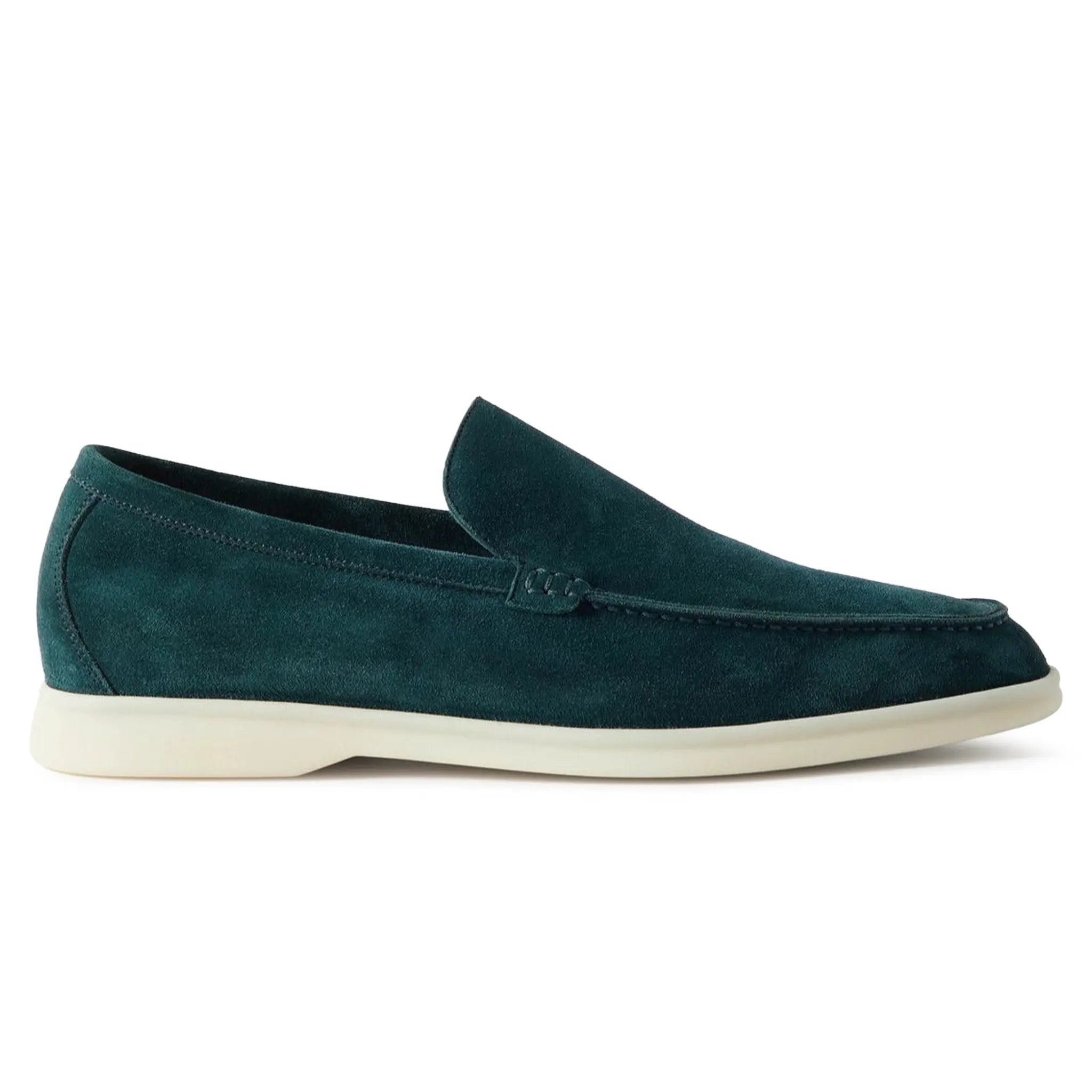 Side View of Loro Piana Summer Walk Suede Petrol Green Loafers FAE8124_W1JT