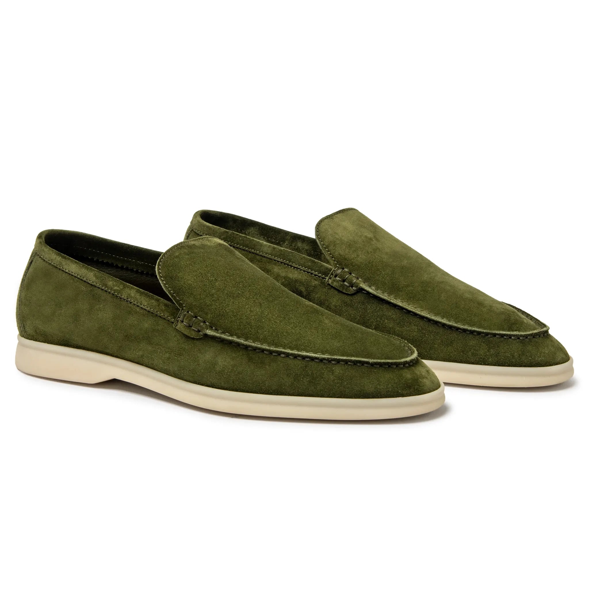 Front Side View of Loro Piana Summer Walk Suede Verde Harrods Loafers FAG5861