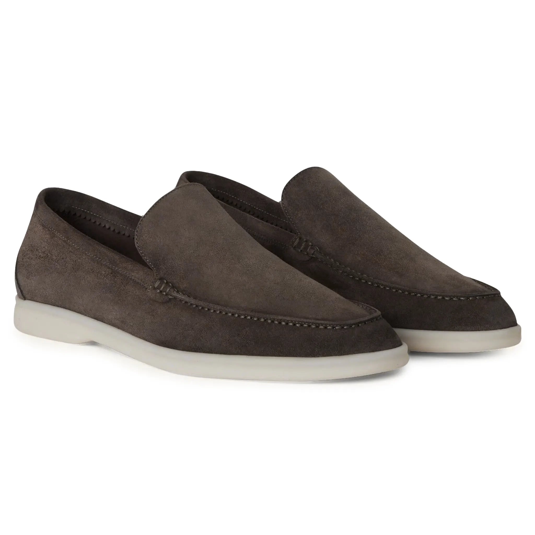Front View of Loro Piana Summer Walk Suede Warm Grey Loafers
