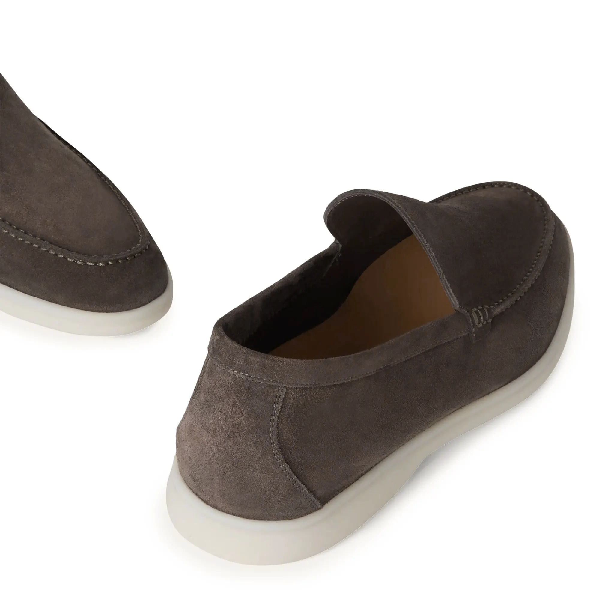 Heel View of Loro Piana Summer Walk Suede Warm Grey Loafers
