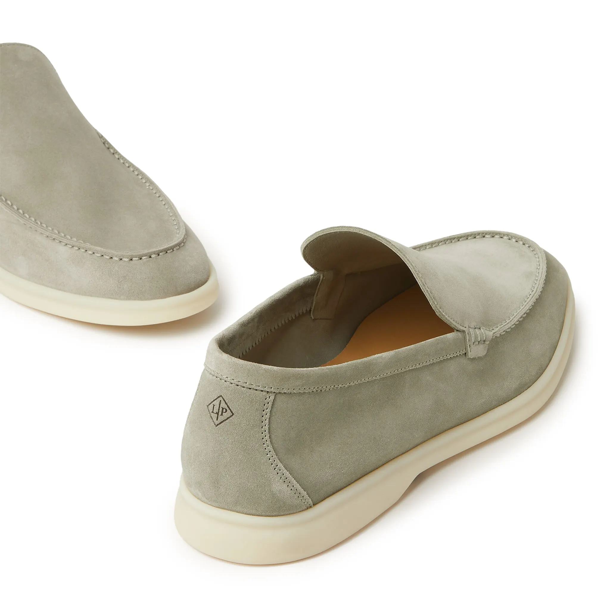 Back Side View of Loro Piana Summer Walk Suede Wild Desert Sage Loafers FAE8124_5O8I