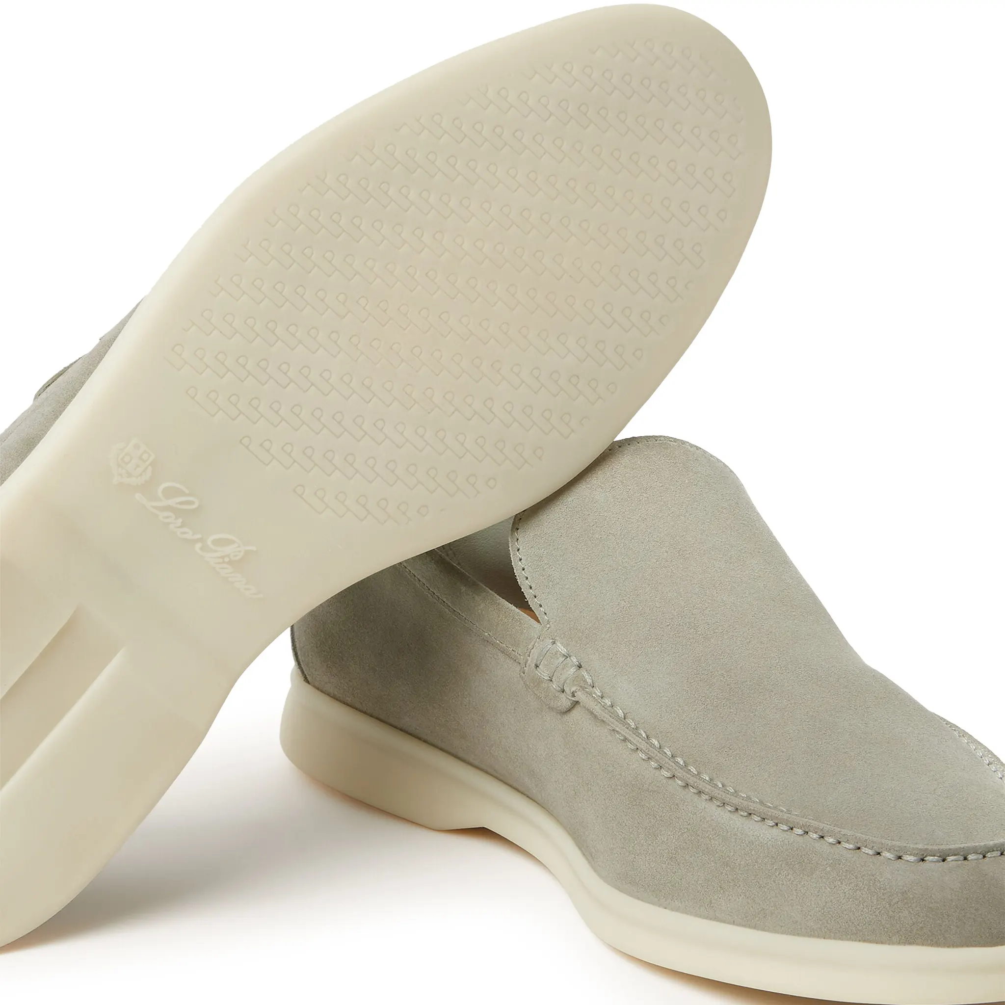 Sole View of Loro Piana Summer Walk Suede Wild Desert Sage Loafers FAE8124_5O8I