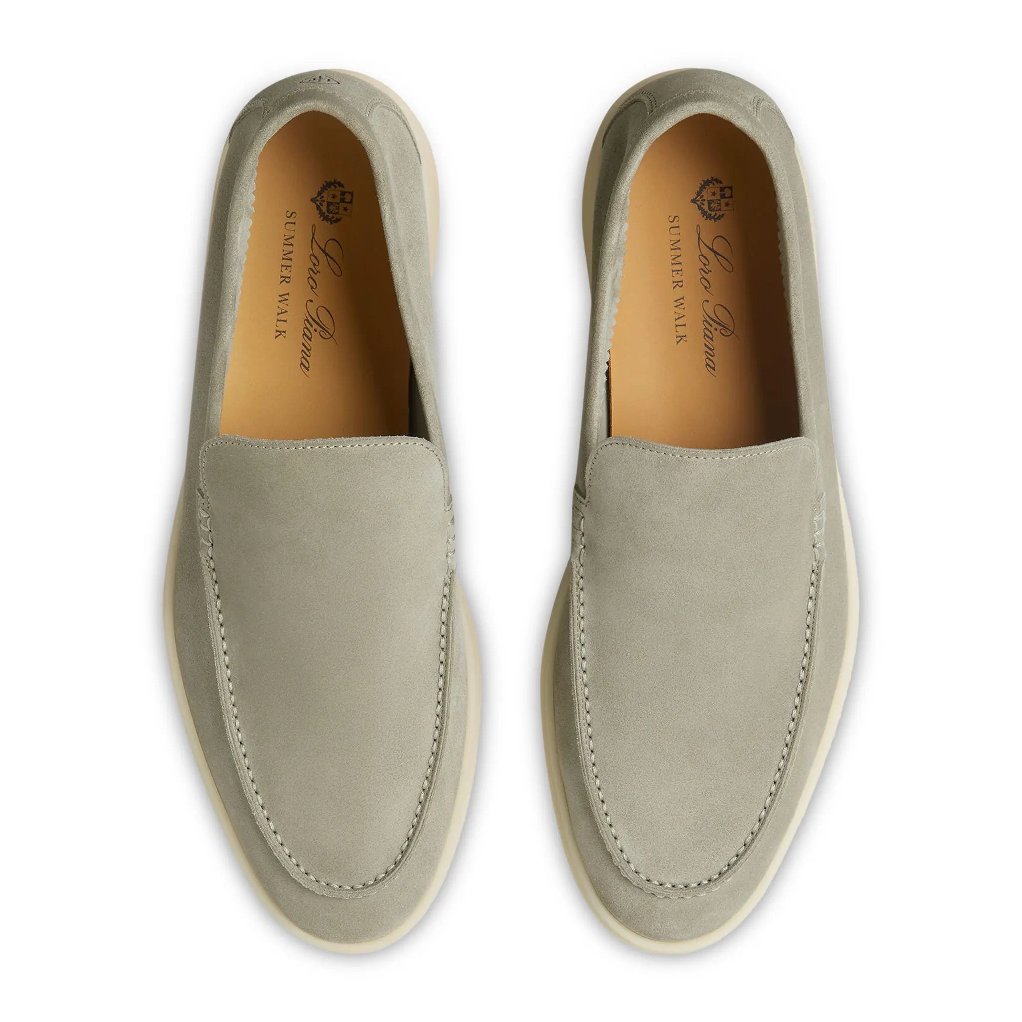 Upper View of Loro Piana Summer Walk Suede Wild Desert Sage Loafers FAE8124_5O8I