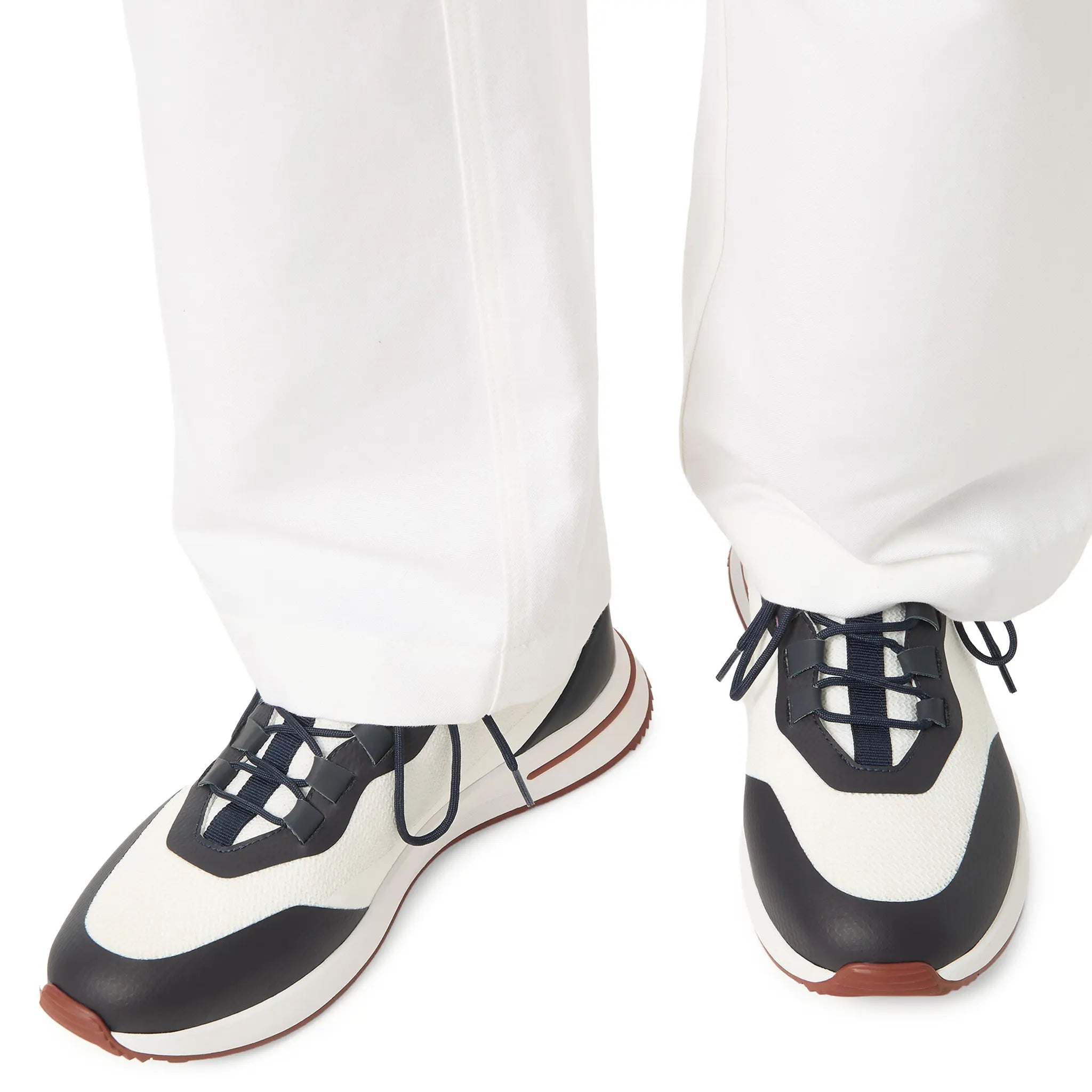 Model View of Loro Piana Week End Walk Frost White Sea Linen Mesh Sneaker FAM1718_F7XA