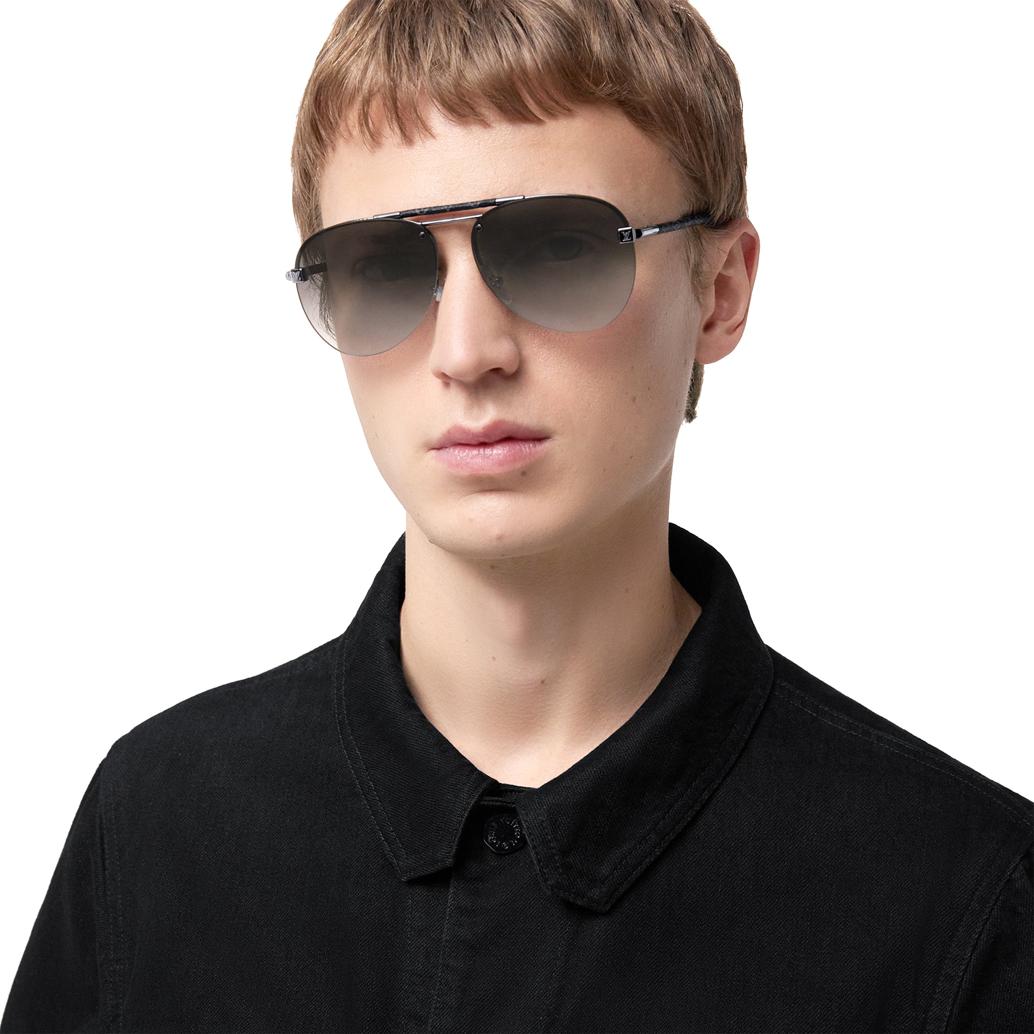 Model front side view of Louis Vuitton Clockwise Canvas Grey Sunglasses NVPROD1390136V
