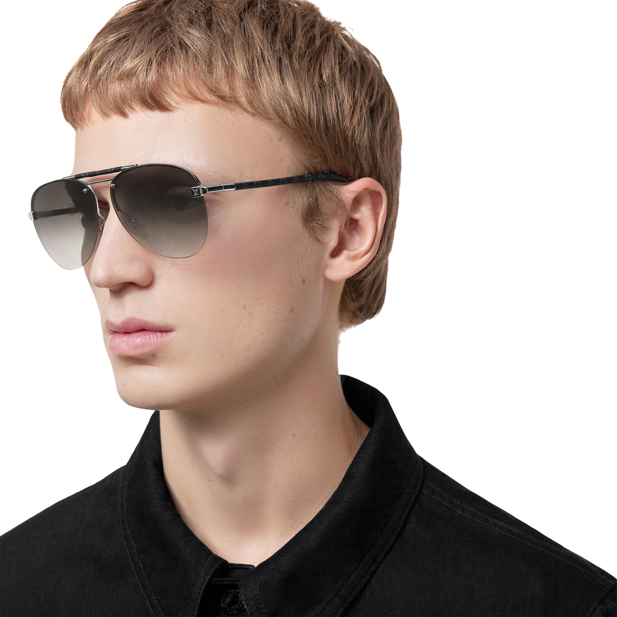 Model side view of Louis Vuitton Clockwise Canvas Grey Sunglasses NVPROD1390136V