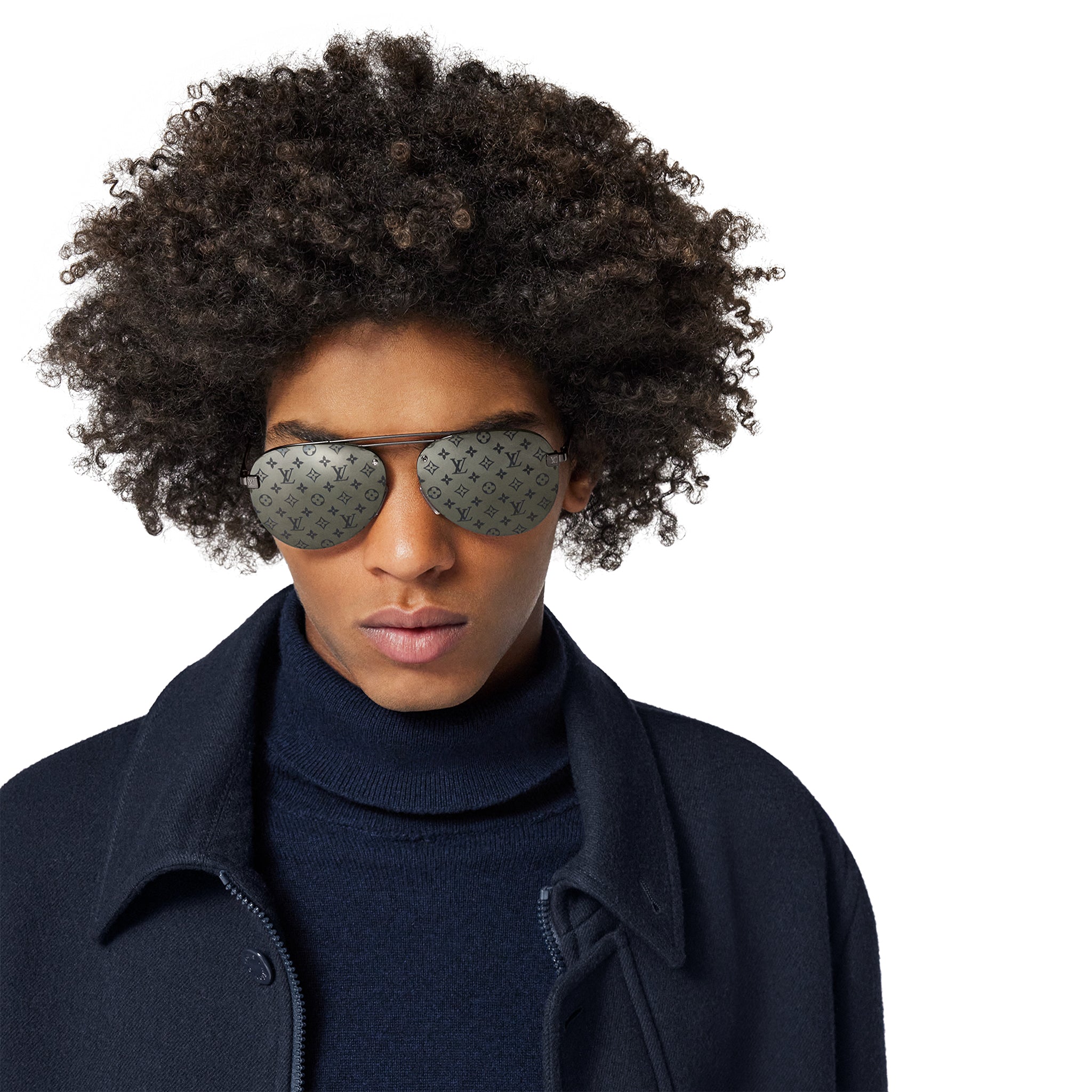 Model front side view of Louis Vuitton Clockwise Monogram Dark Gun Sunglasses I20961A00004M2876999