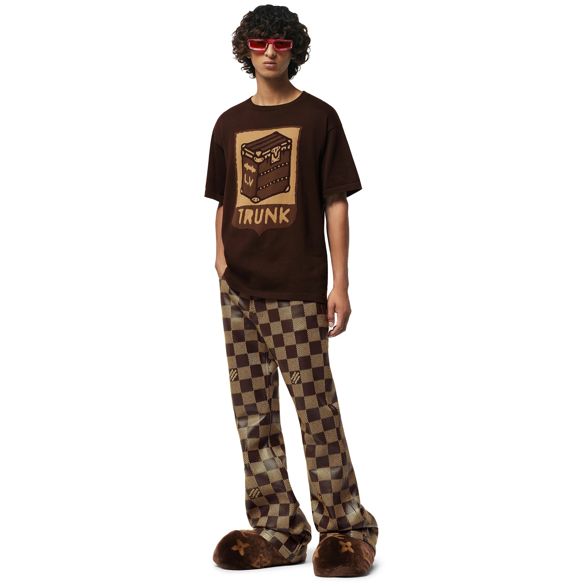 Model full front view of Louis Vuitton Cotton Trunk Print Sienna Brown T Shirt NVPROD4940233V