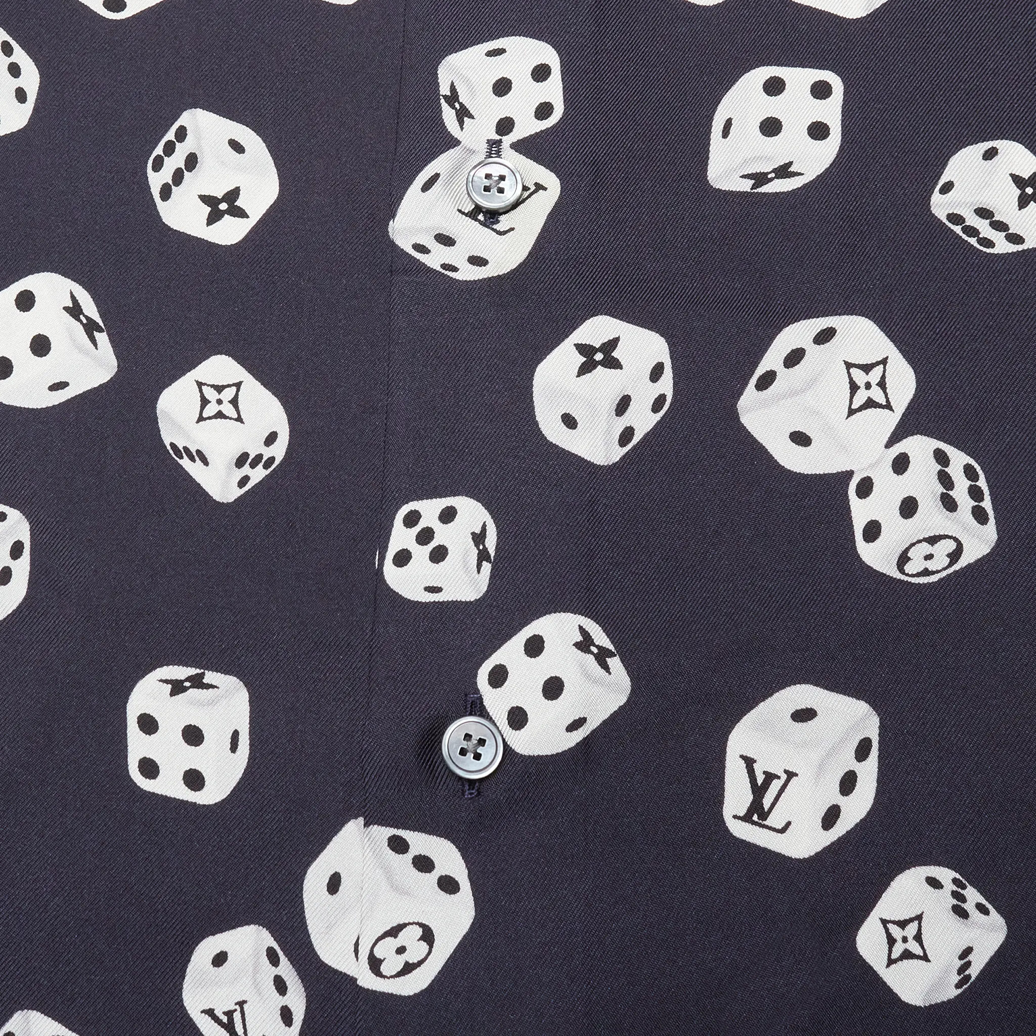 Detail button view of Louis Vuitton Dice Print Navy Silk Shirt