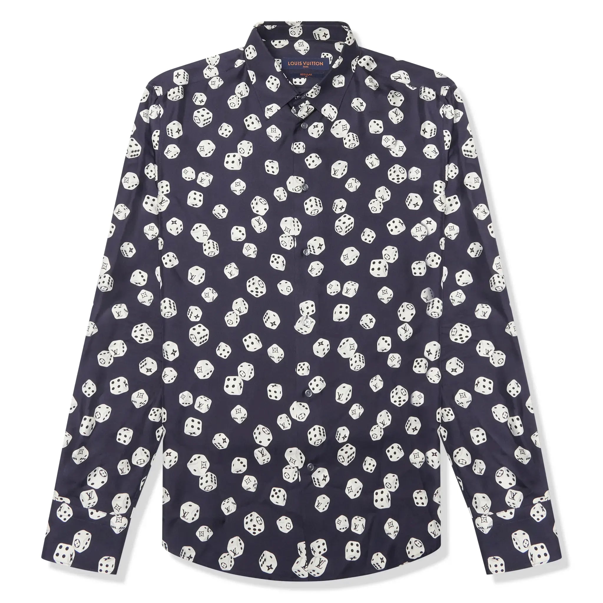 Front view of Louis Vuitton Dice Print Navy Silk Shirt