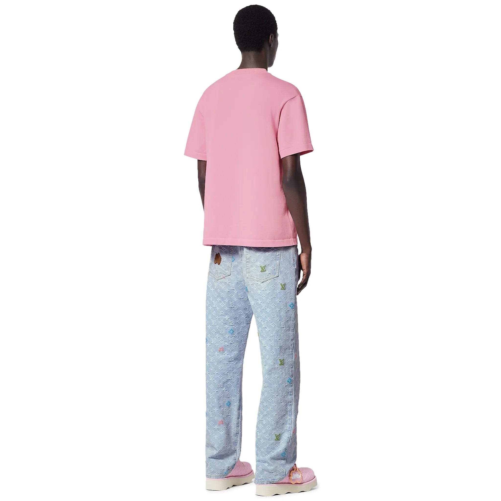 Model back view of Louis Vuitton Embroidered Signature Crewneck Coral Blush Pink T Shirt