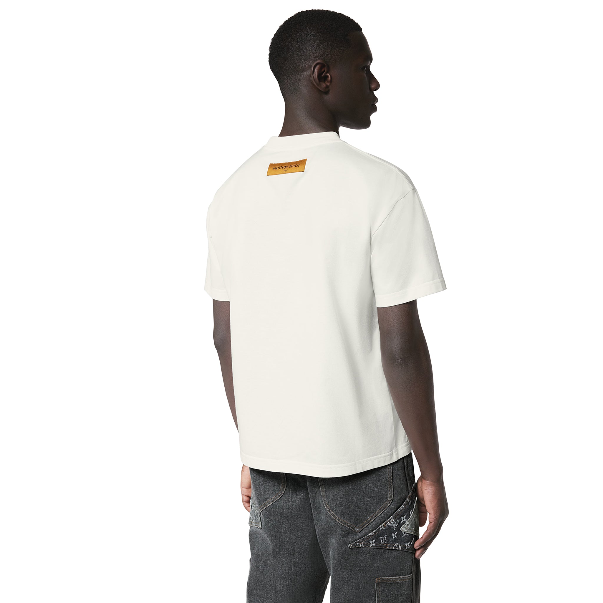 Model back view of Louis Vuitton LV Birds Printed Cotton T Shirt White NVPROD4560001V