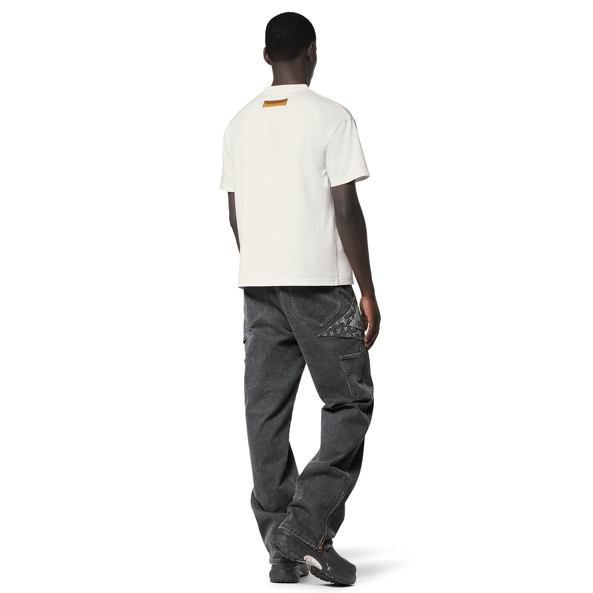 Model back view of Louis Vuitton LV Birds Printed Cotton T Shirt White NVPROD4560001V