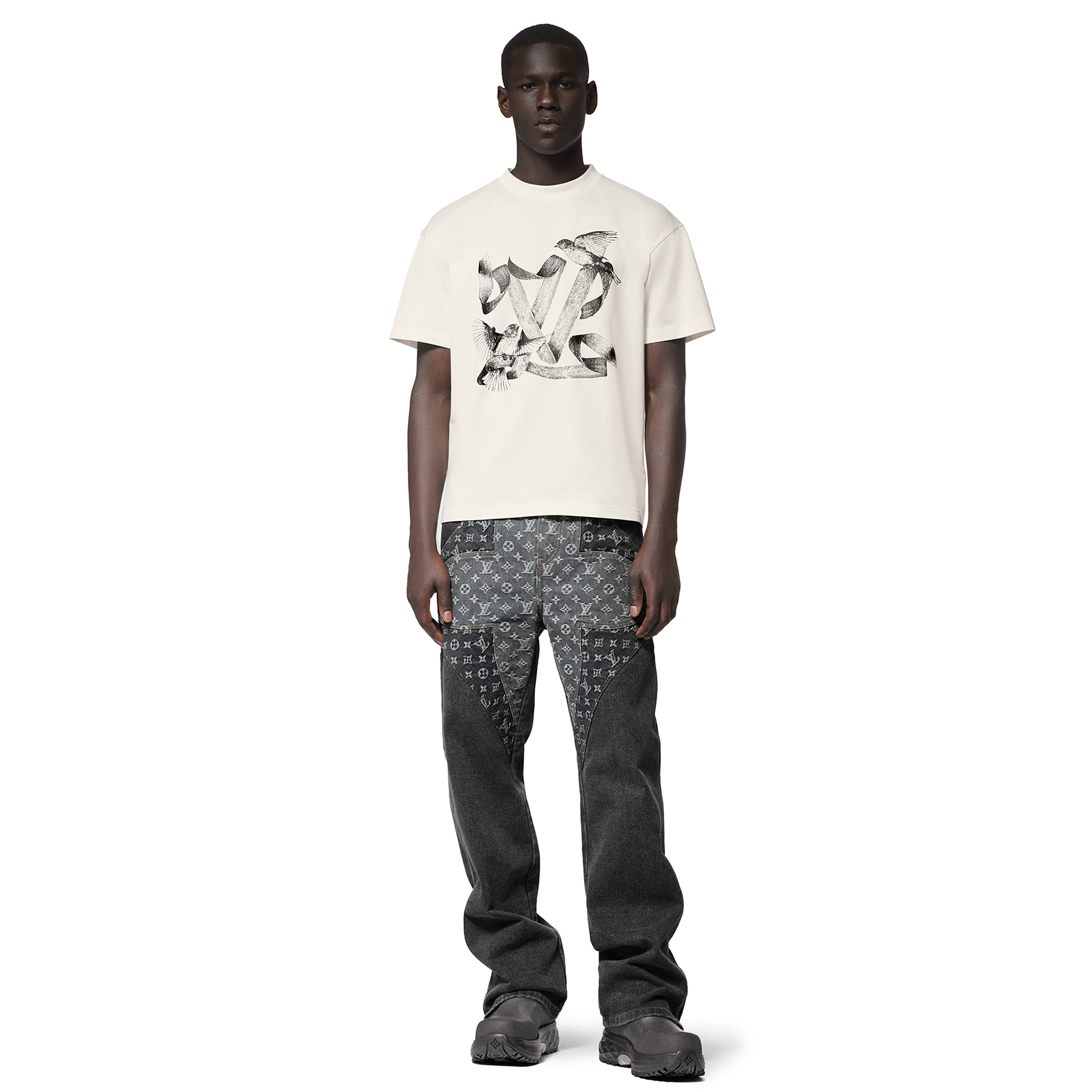 Model view of Louis Vuitton LV Birds Printed Cotton T Shirt White NVPROD4560001V