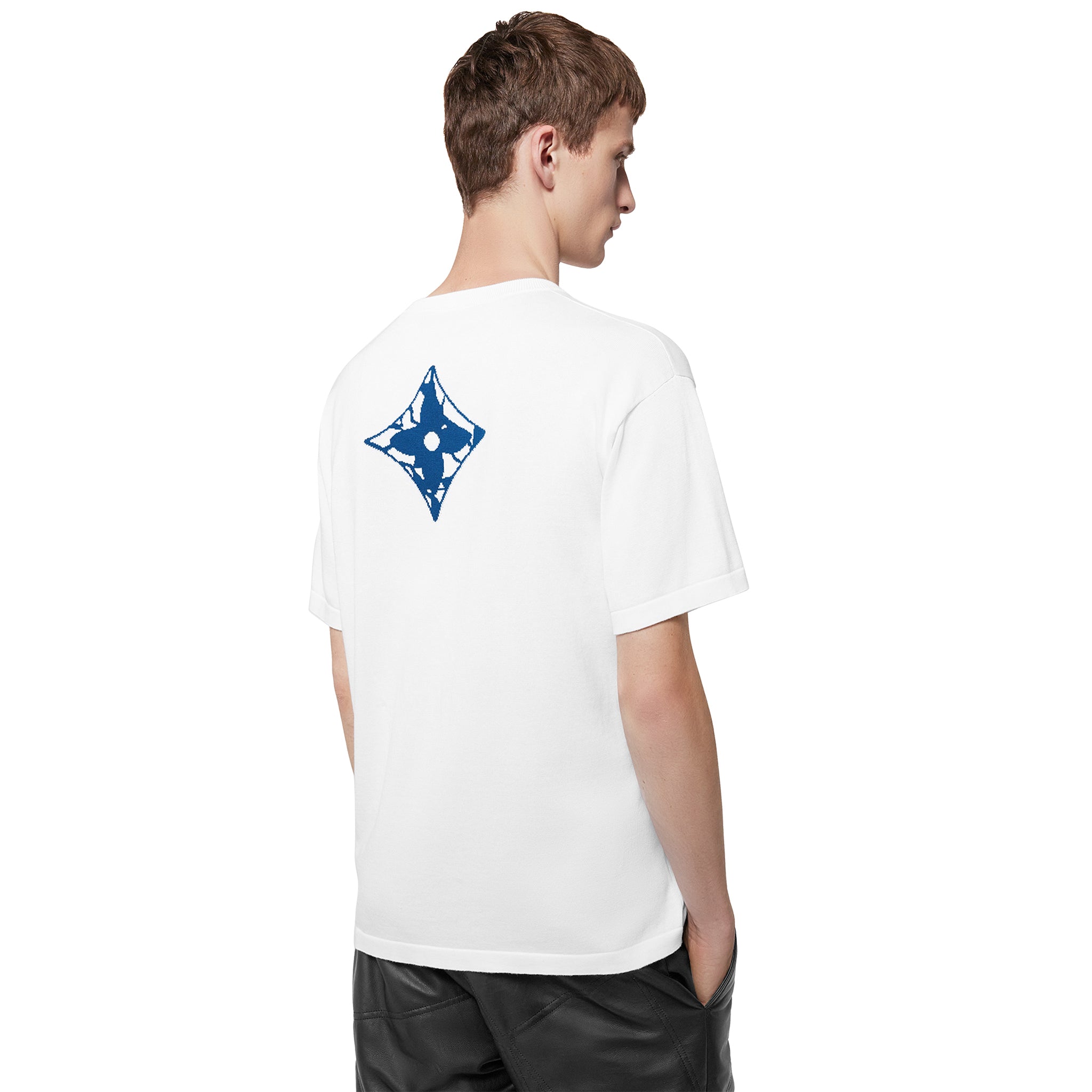 Model back view of Louis Vuitton LV Ice Milk White Crewneck T Shirt NVPROD4770015V
