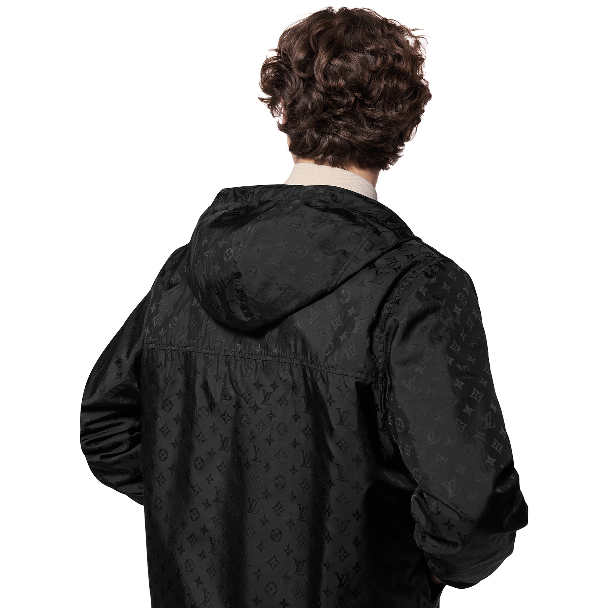 Model back view of Louis Vuitton LV Monogram Reversible Black Windbreaker NVPROD4630012V