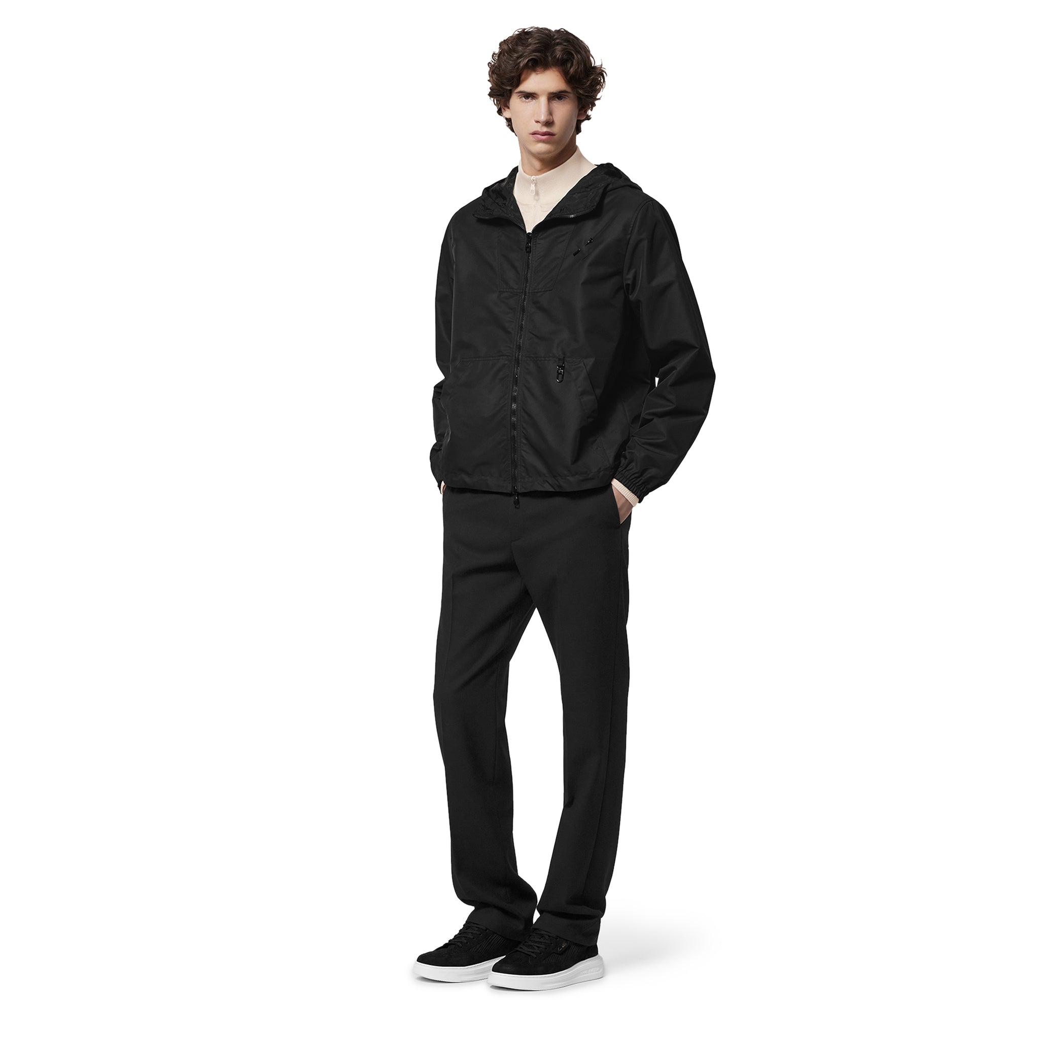 Model full view of Louis Vuitton LV Monogram Reversible Black Windbreaker NVPROD4630012V