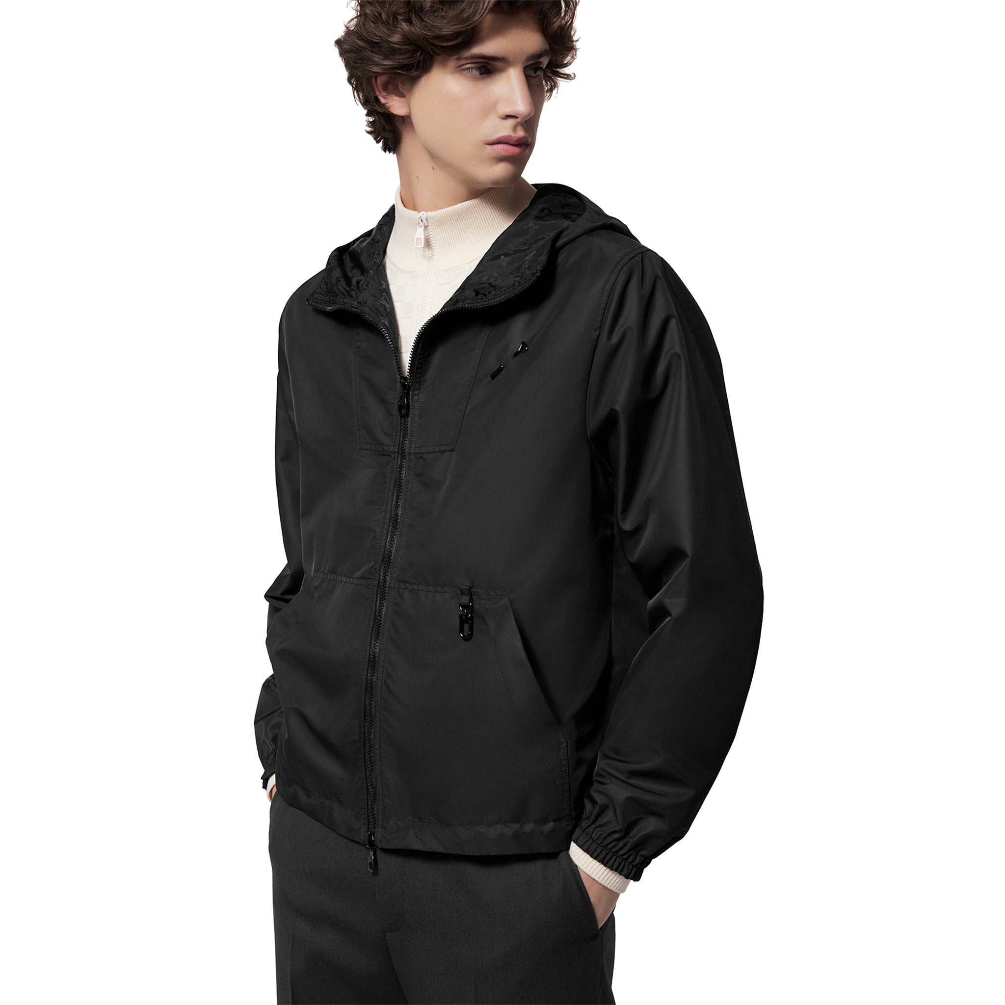 Model front view of Louis Vuitton LV Monogram Reversible Black Windbreaker NVPROD4630012V