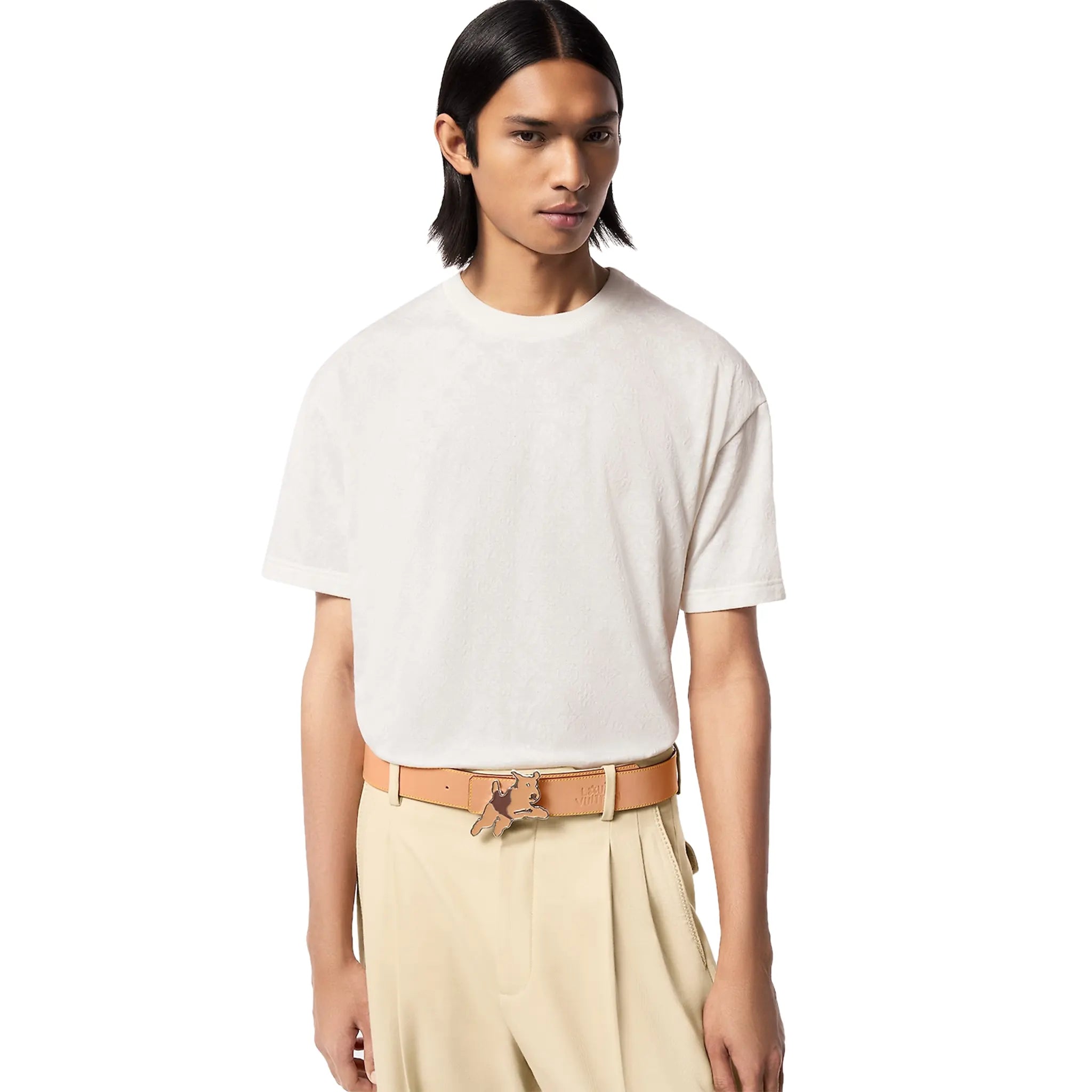 Model front view of Louis Vuitton Monogram Fil Coupe Cotton White T Shirt