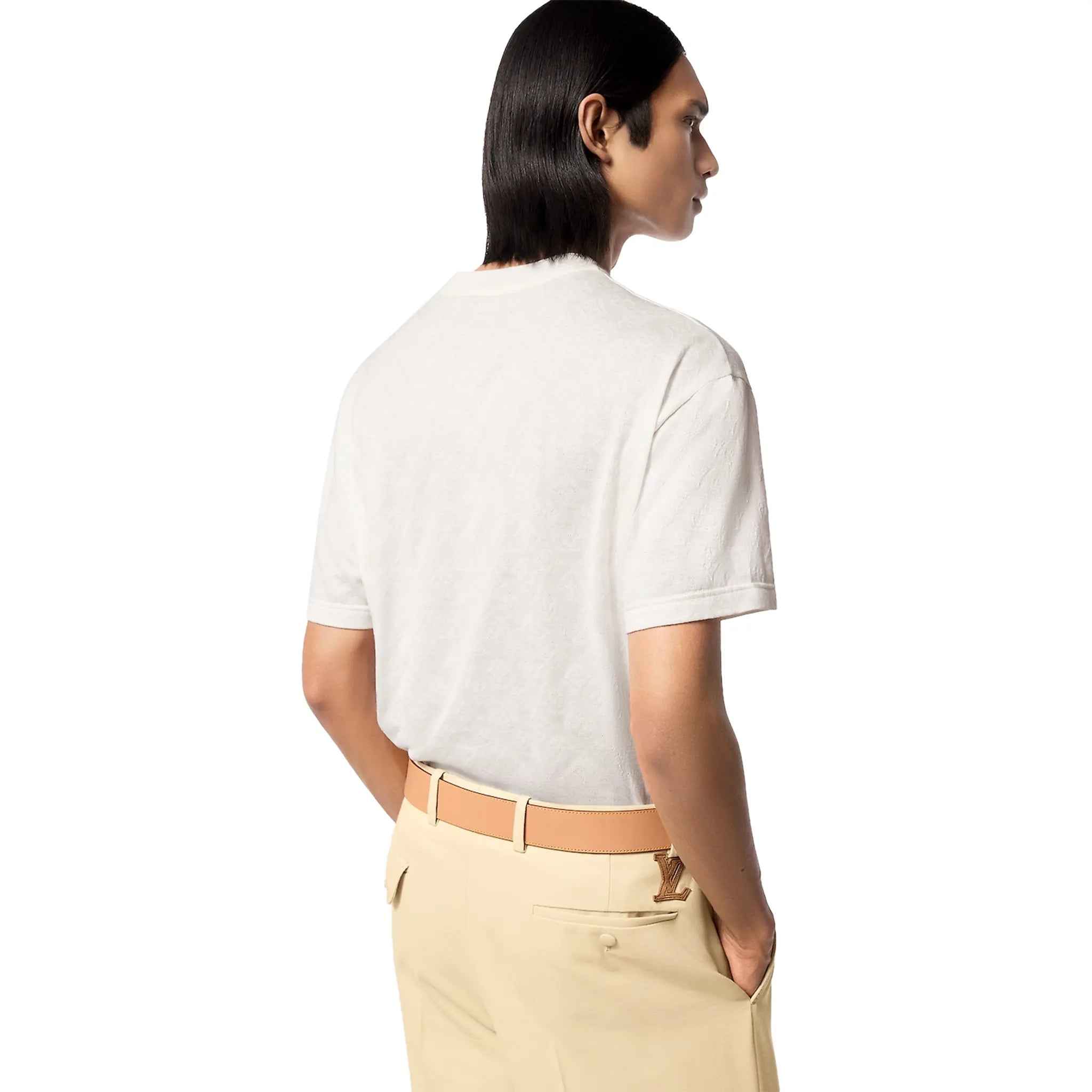Model back view of Louis Vuitton Monogram Fil Coupe Cotton White T Shirt