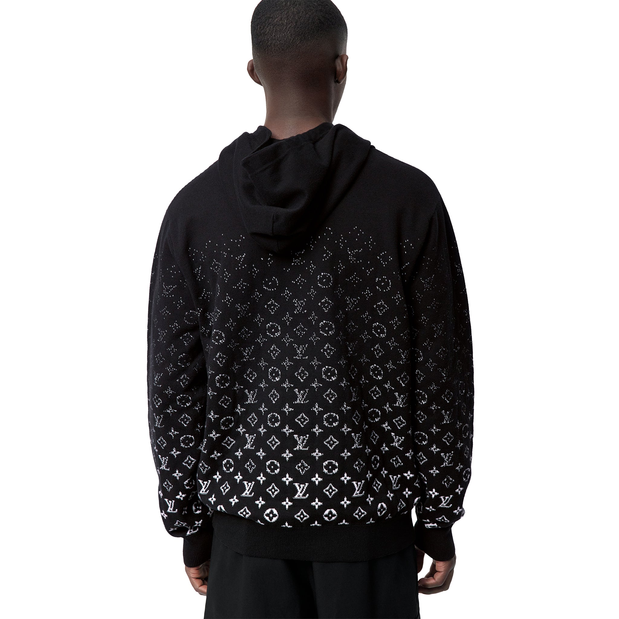 Model back view of Louis Vuitton Monogram Gradient Knit Black Hoodie NVPROD3570068V