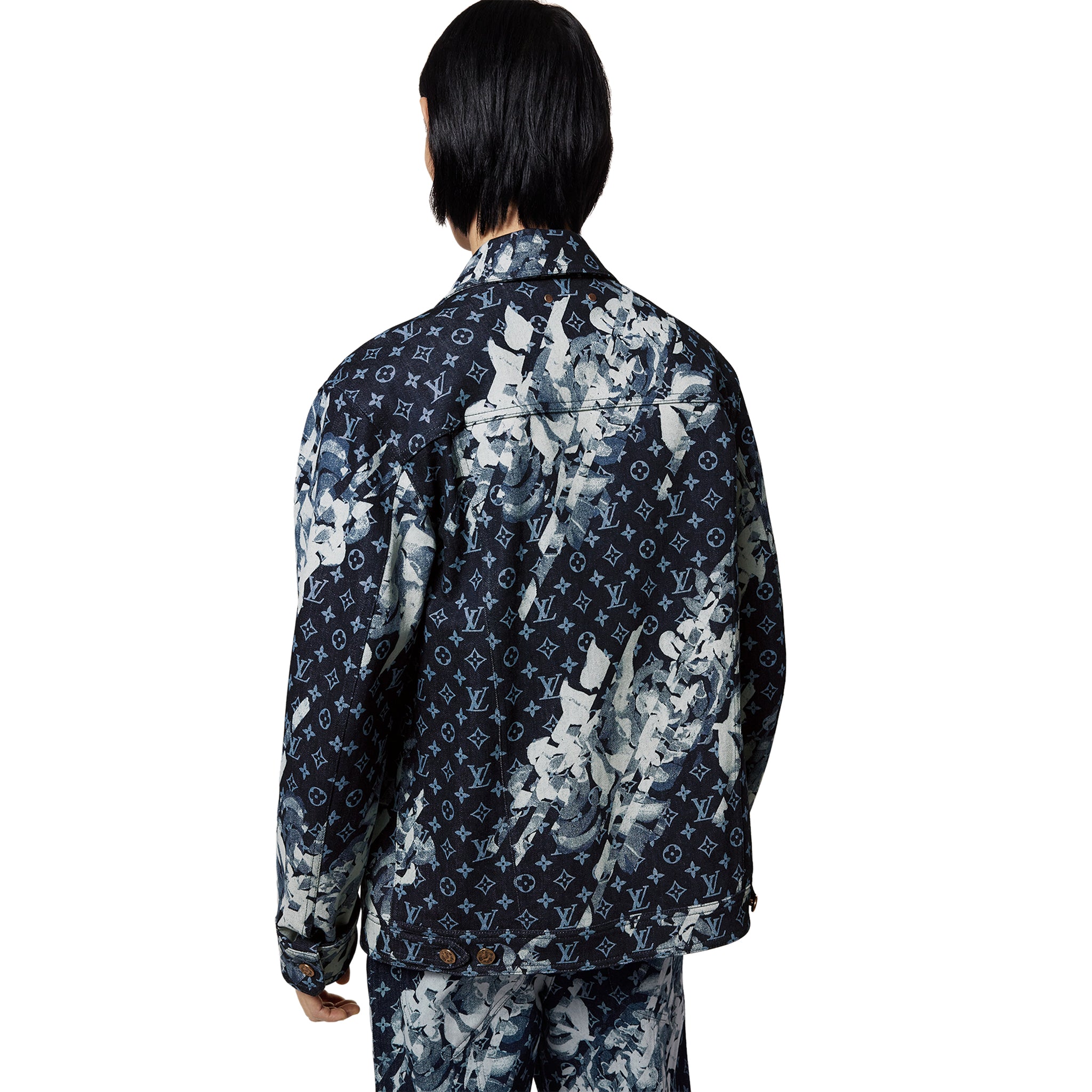 Model back view of Louis Vuitton Monogram Printed Indigo Blue Denim Jacket NVPROD4630014V