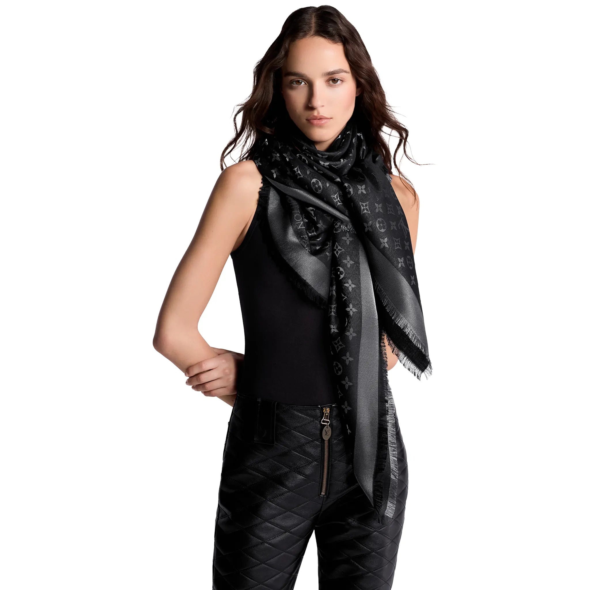 Model View of Louis Vuitton Monogram Shine Black Shawl M75123