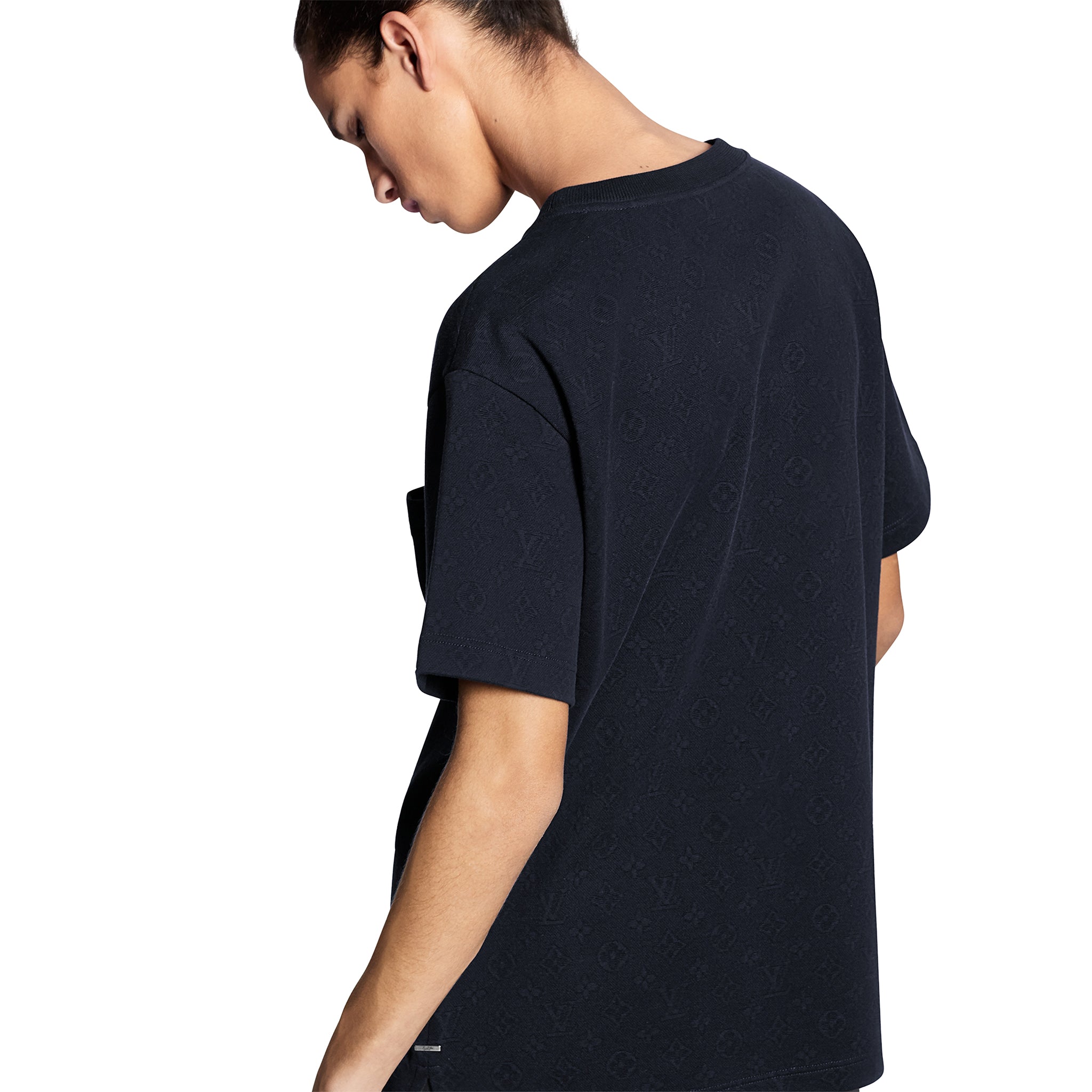 Model back view of Louis Vuitton Monogram Signature 3D Pocket Cotton T Shirt Dark Blue
