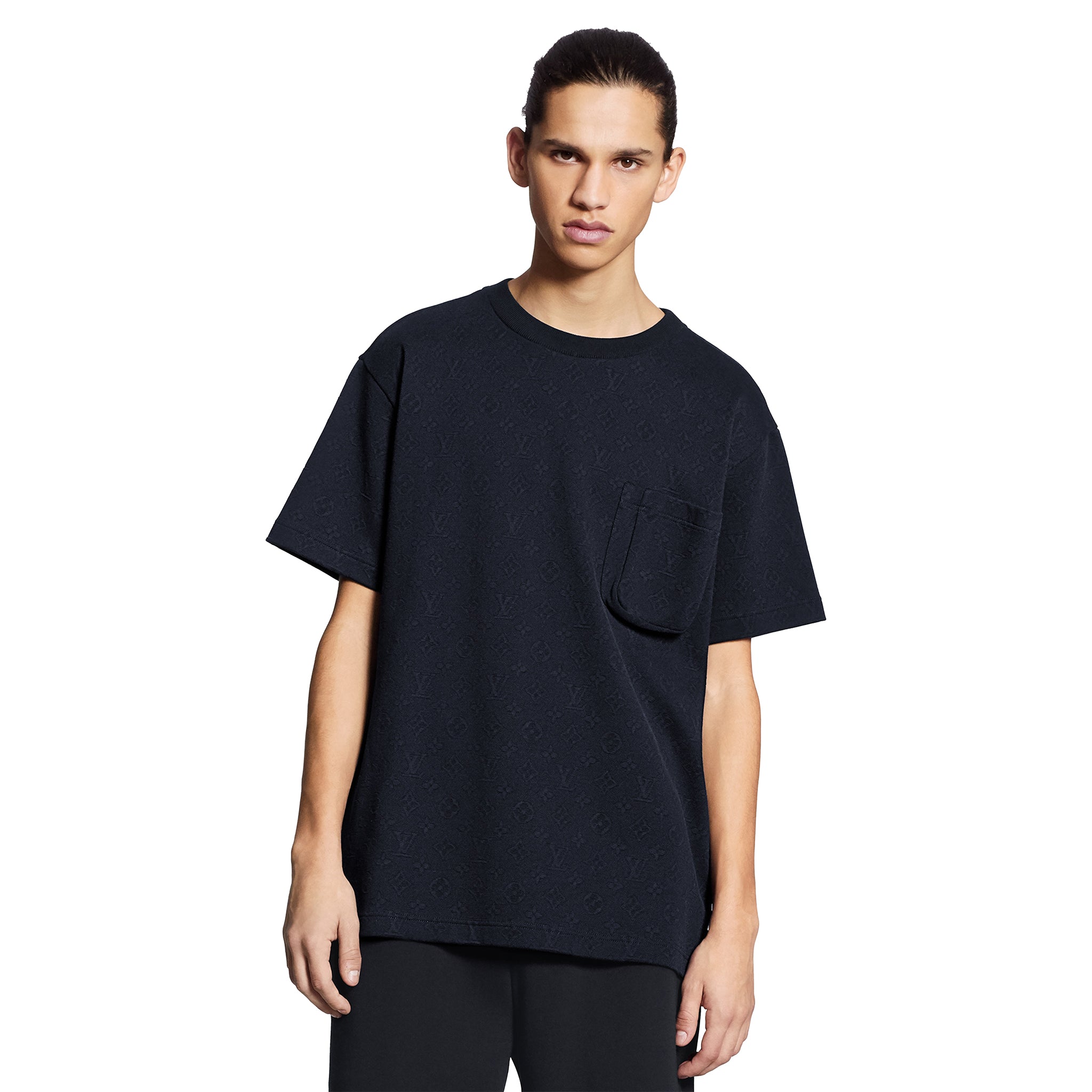 Model front view of Louis Vuitton Monogram Signature 3D Pocket Cotton T Shirt Dark Blue