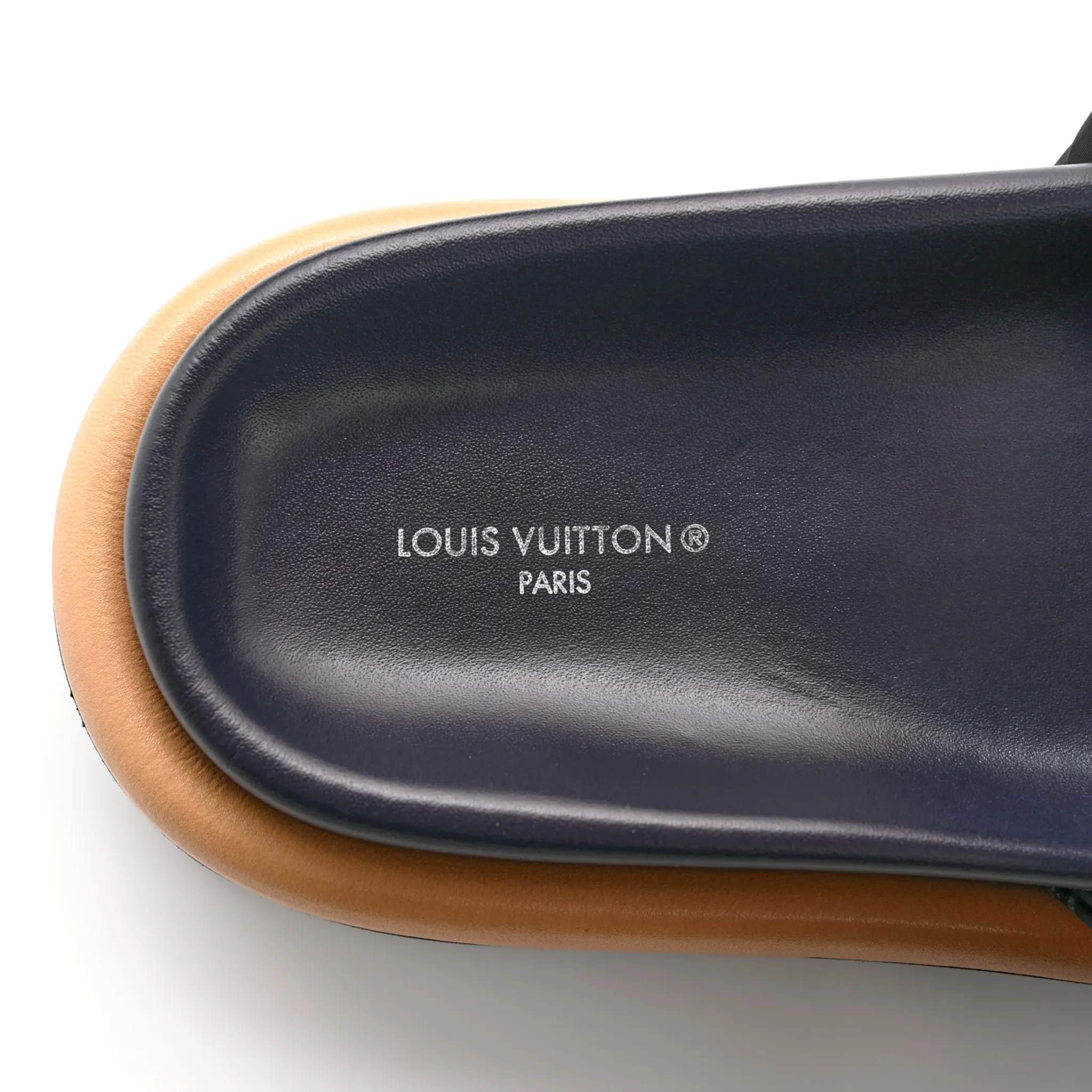 Detailed View of Louis Vuitton Pool Pillow Monogram Navy Slides