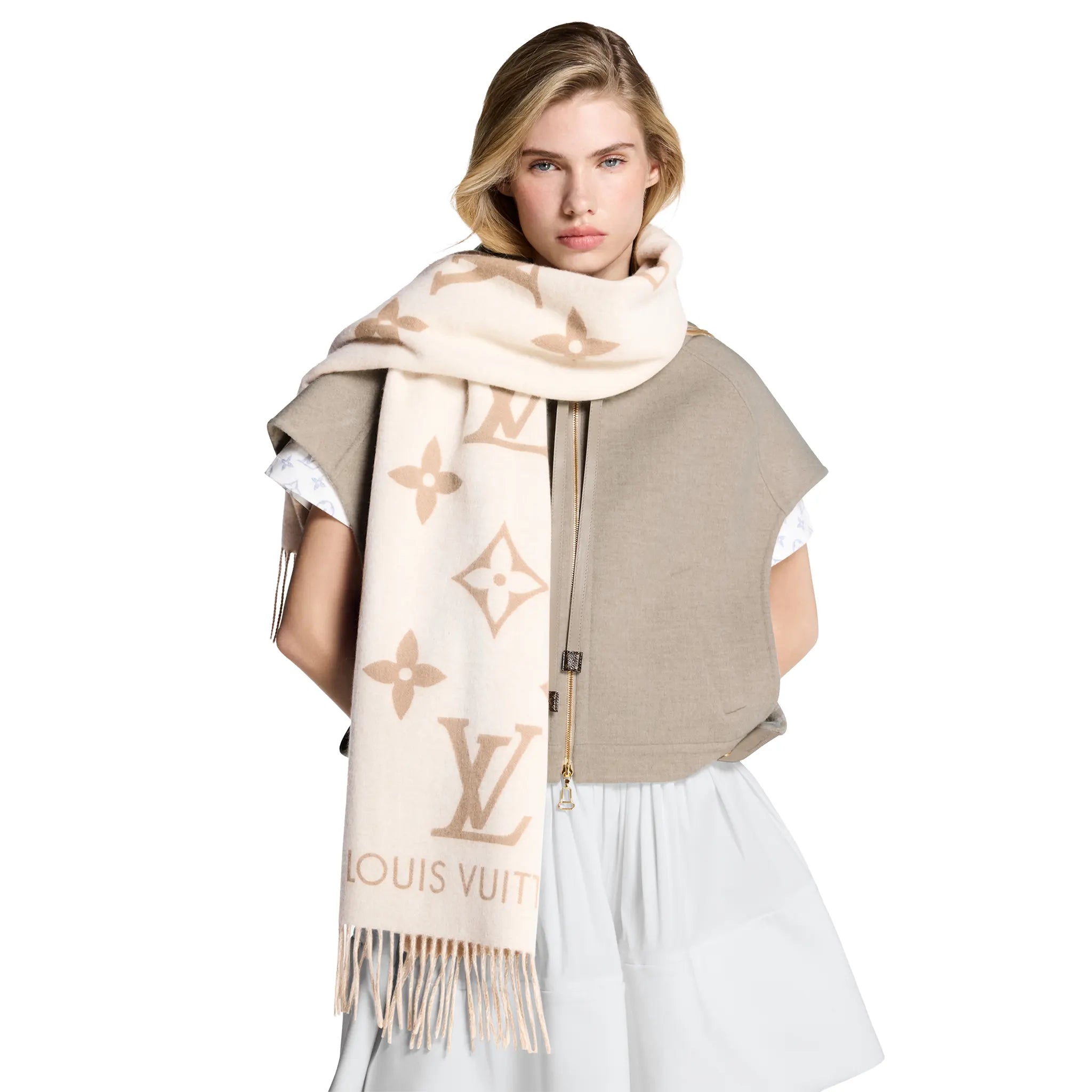 Front View of Louis Vuitton Reykjavik Beige Clair Scarf M78123