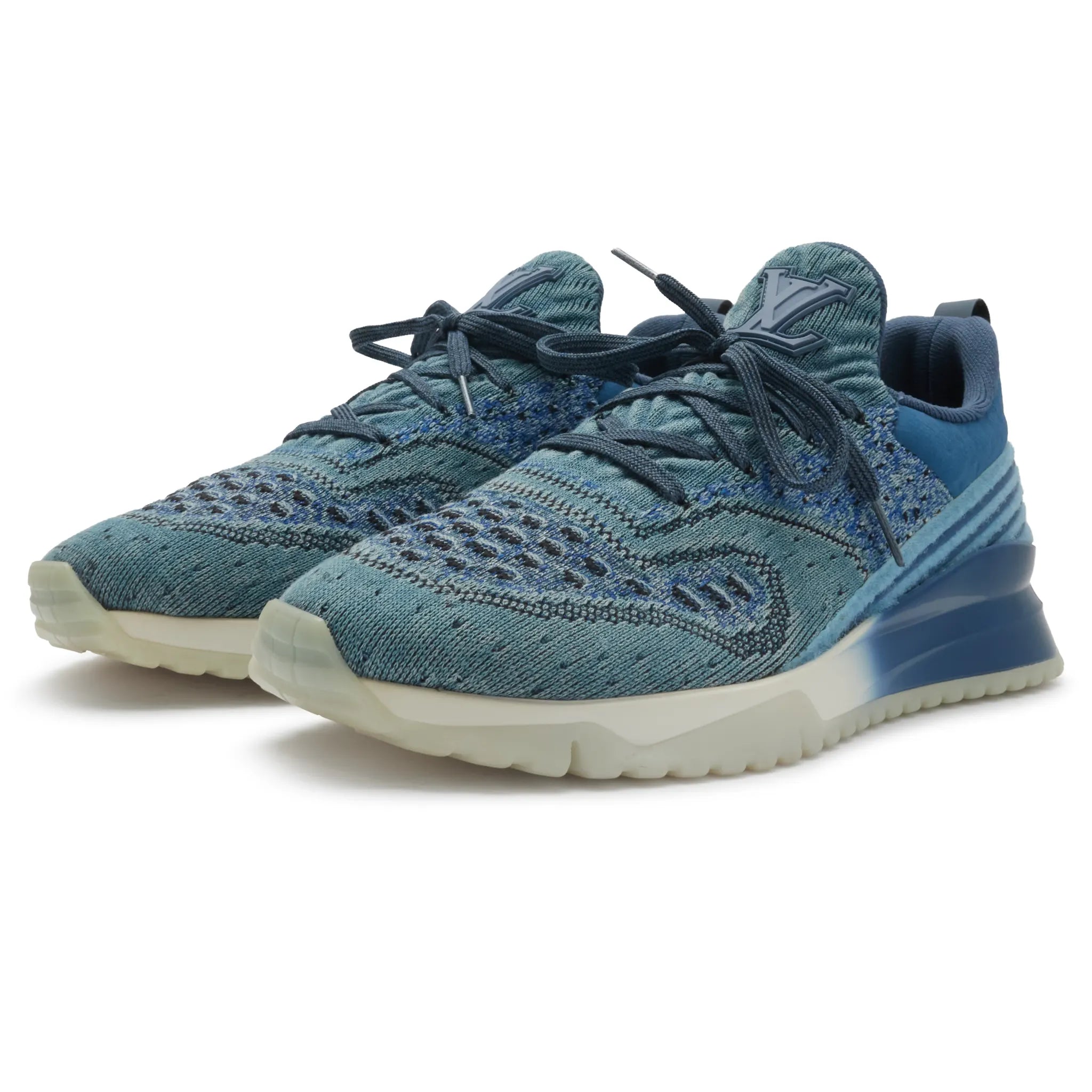 Front Side View of Louis Vuitton V.N.R Low Blue Knit Sneaker 1A3UIF