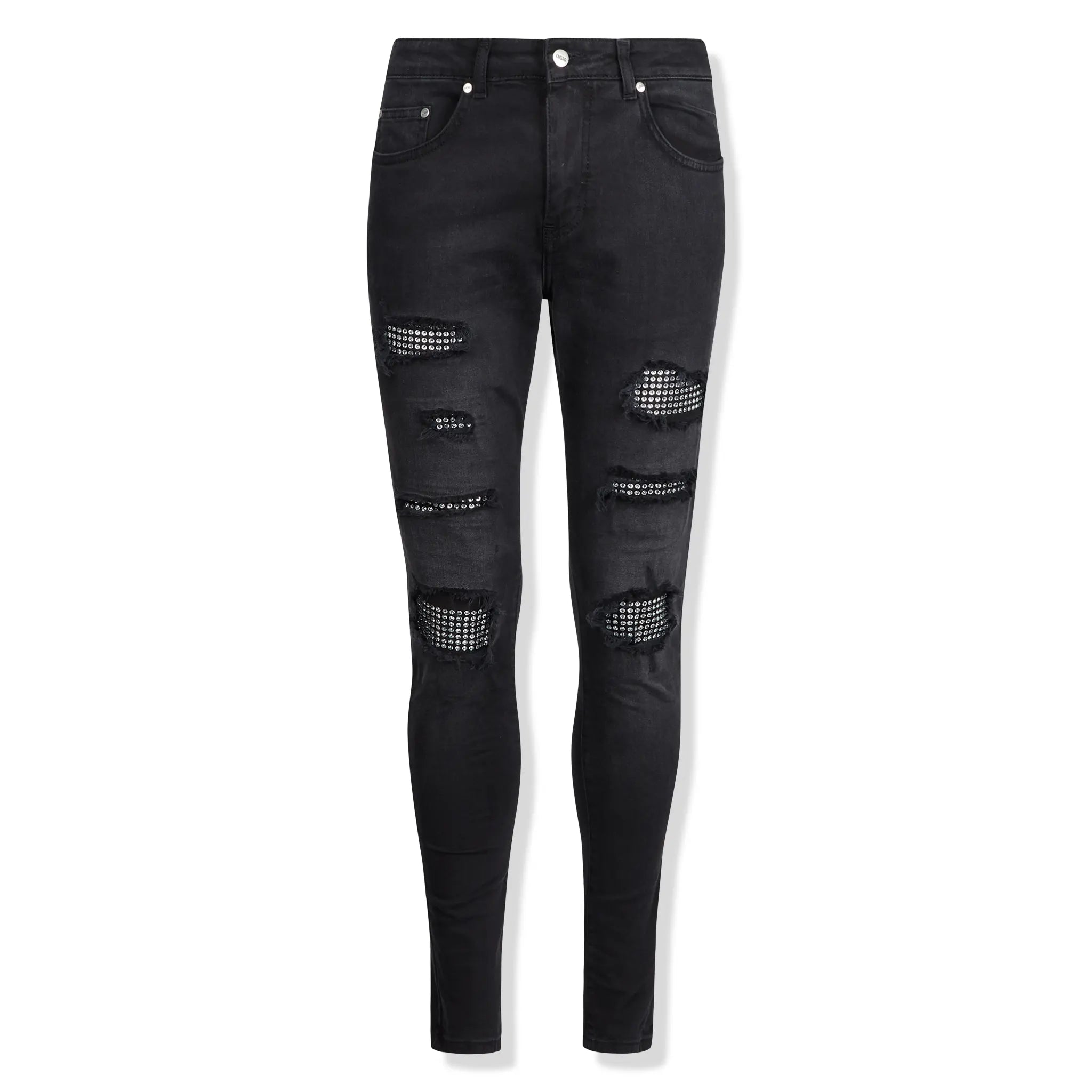 Front view of Lusso Destroyed Diamanté Washed Black Denim Jeans