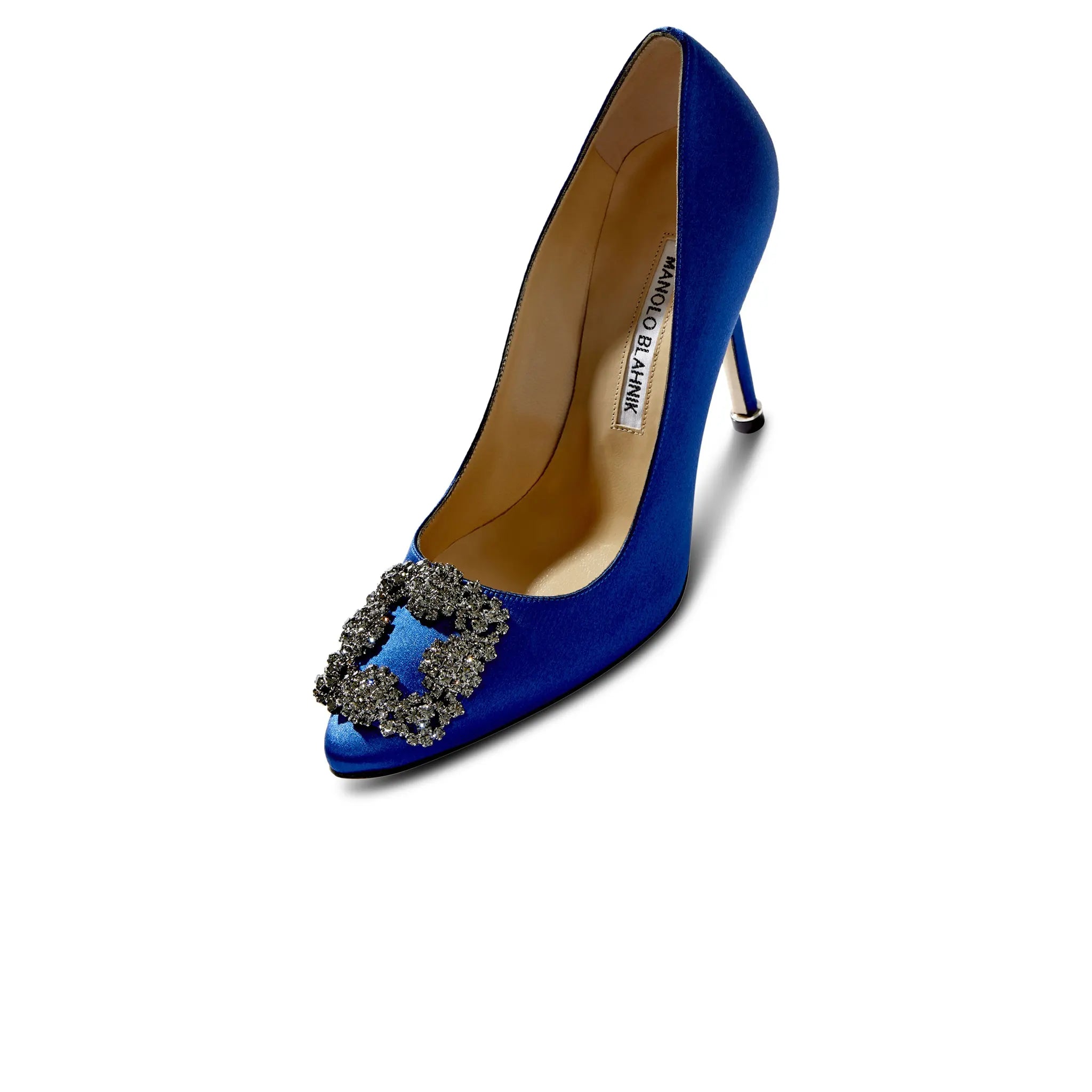 Fronr Side View of Manolo Blahnik Hangisi Blue Satin Jewel Buckle Heels 9XX-0664-0049