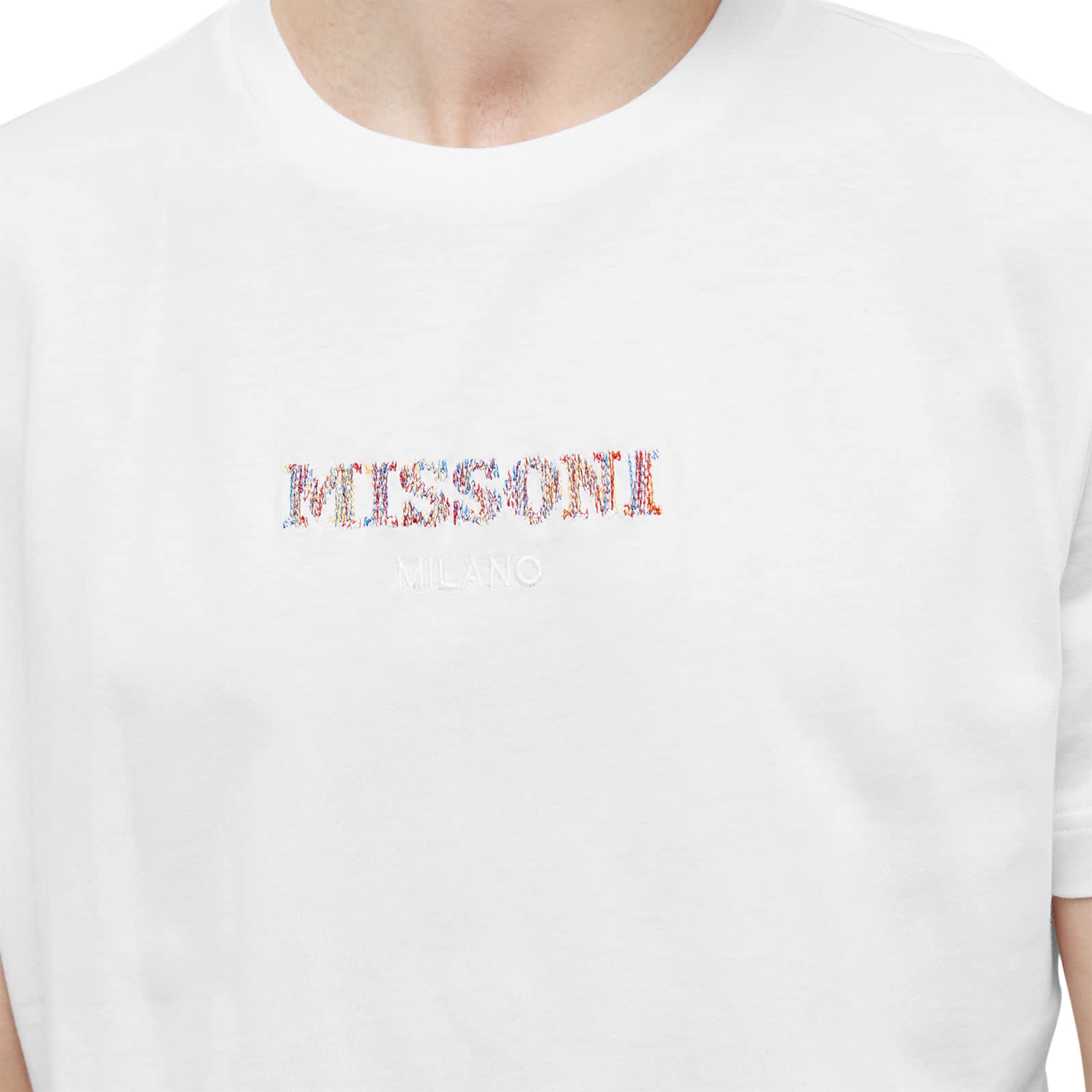Model chest view of Missoni Embroidered Logo Optic White T Shirt UC22SL03BJ00C7S013U