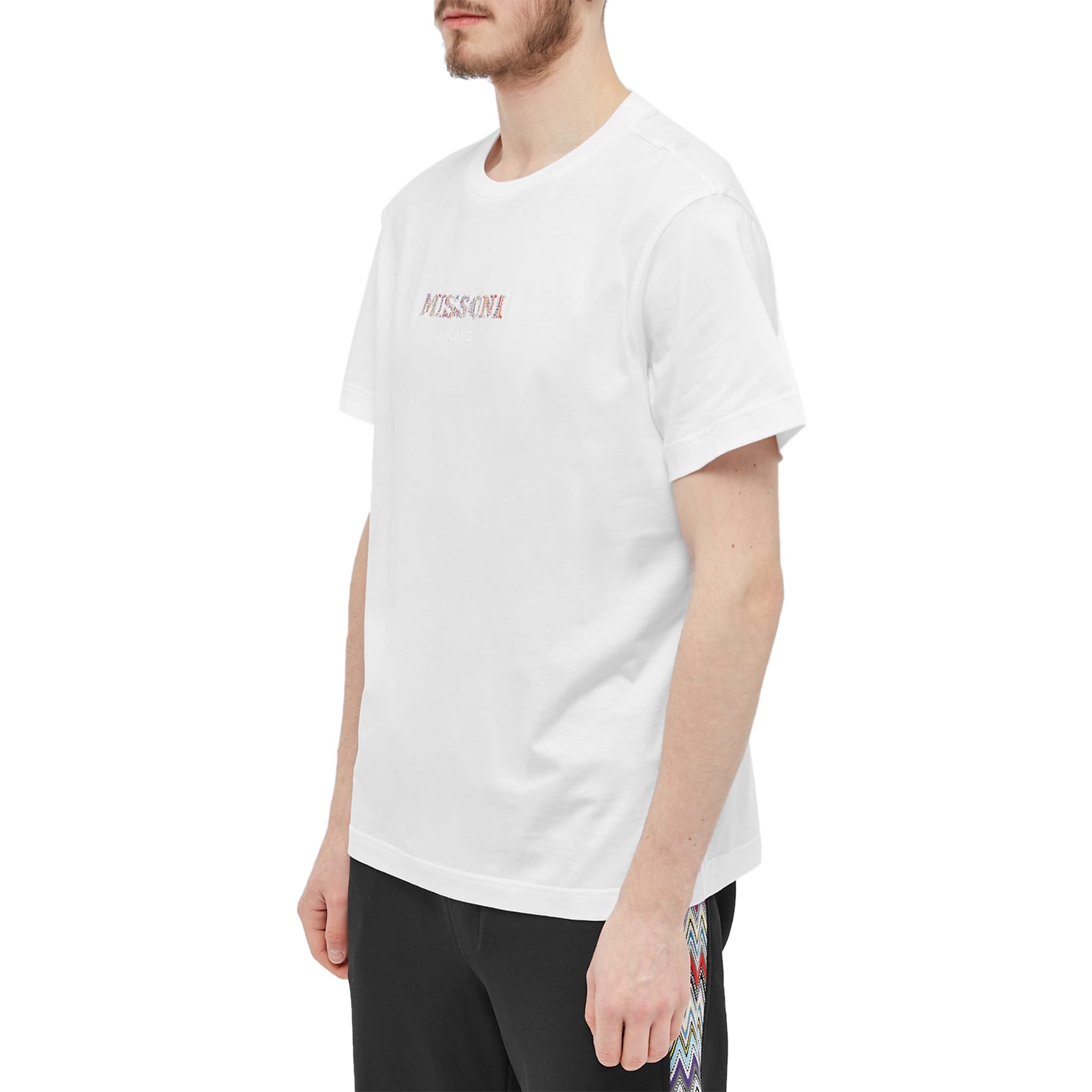 Model front view of Missoni Embroidered Logo Optic White T Shirt UC22SL03BJ00C7S013U
