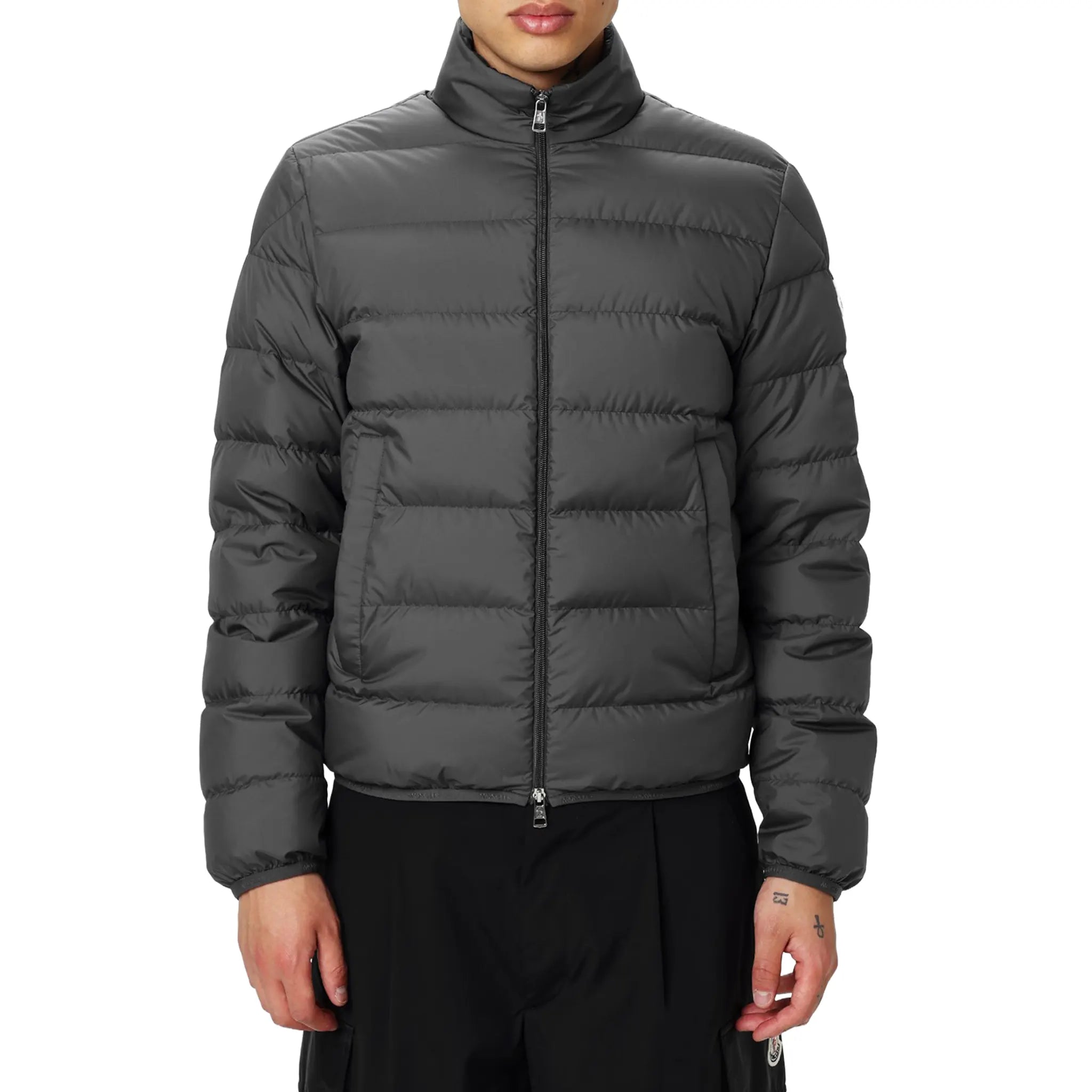 Front View of Moncler Baudinet Short Down Charcoal Jacket K20911A0013854A81