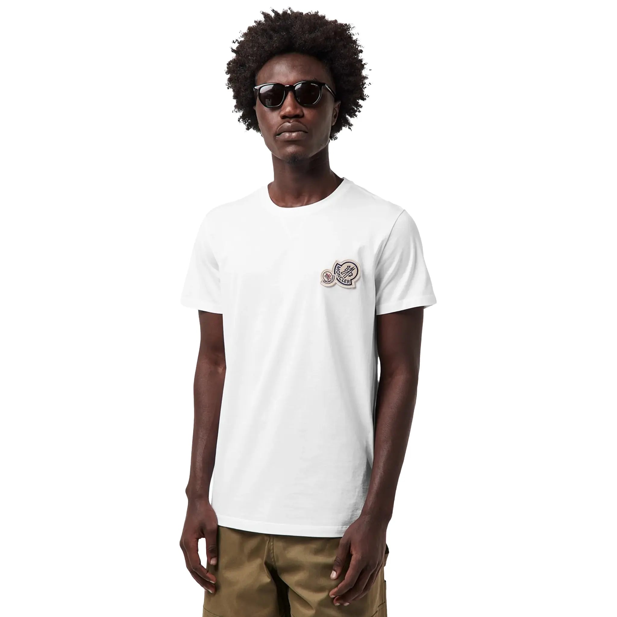 Model Front View of Moncler Double Logo White T Shirt K10918C000768390Y001