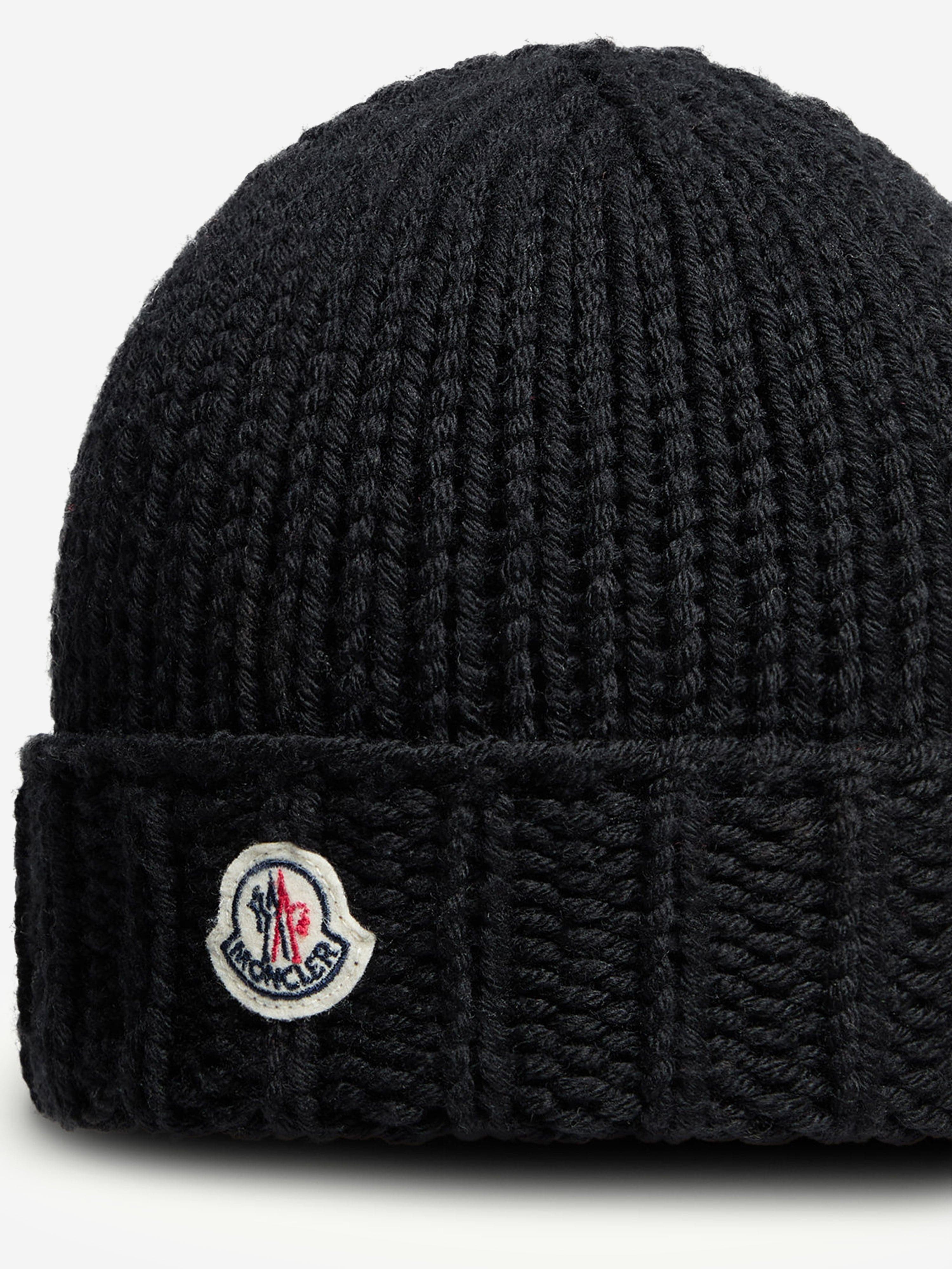 Detailed Front View of Moncler Enfant Girls Wool Knit Black Beanie MONA5202105298