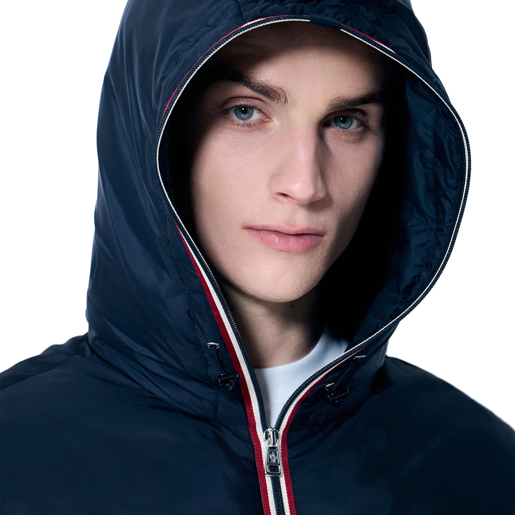 Model Hood View of Moncler Evettes Navy Puffer Jacket K10911A00024539ZD