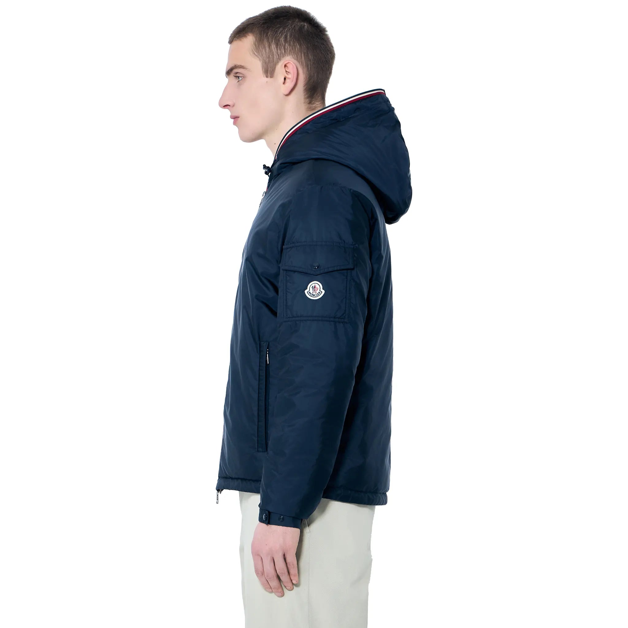 Model Side View of Moncler Evettes Navy Puffer Jacket K10911A00024539ZD