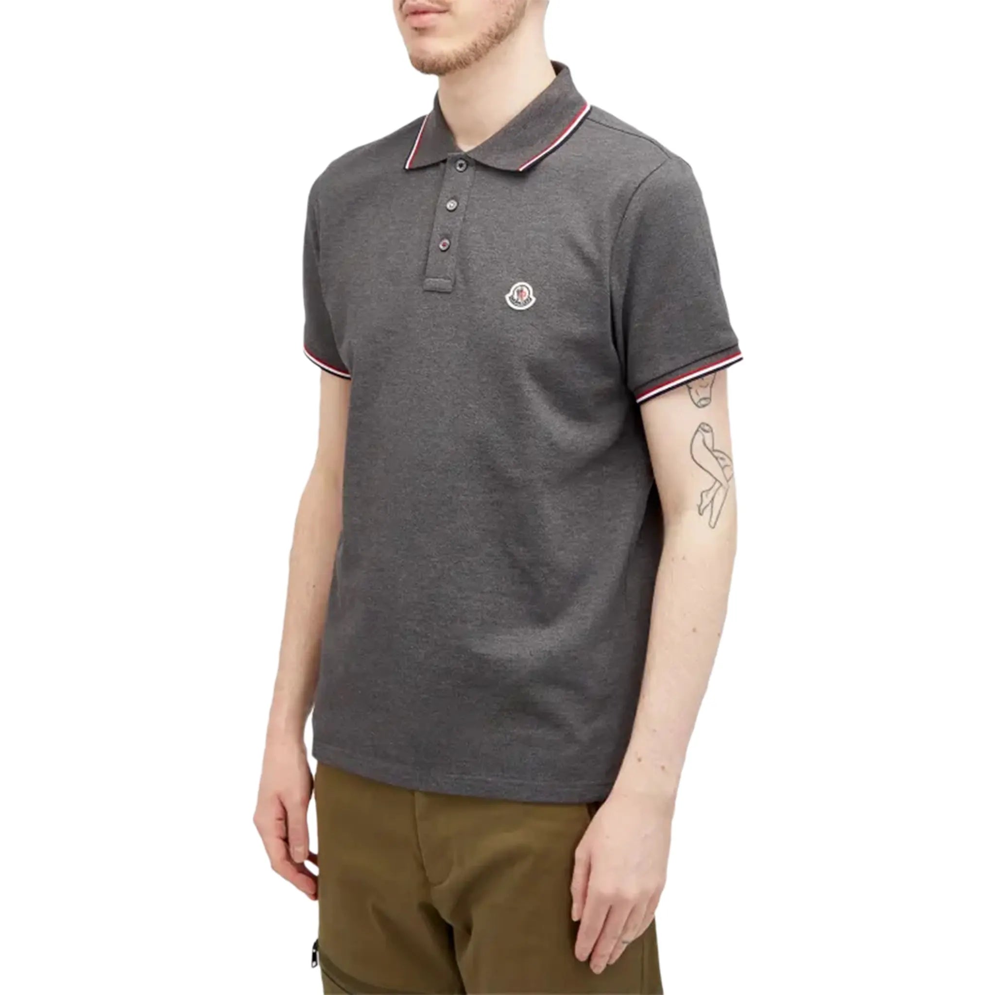 Model Side view of Moncler Maglia Dark Grey Polo Shirt J10918A7030084556989