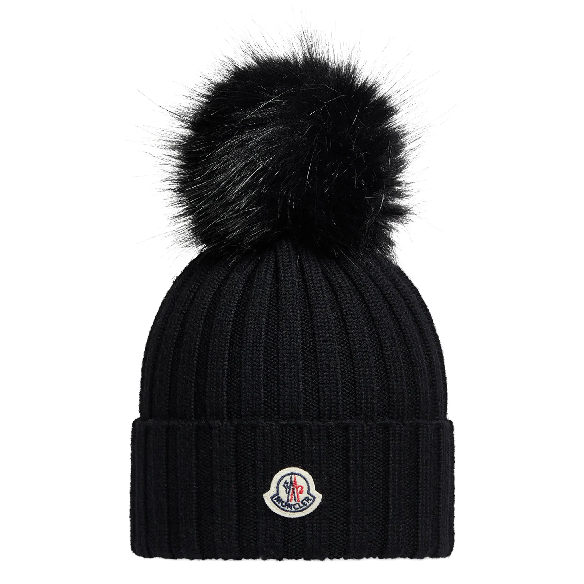 Front View of Moncler Wool Pom Pom Black Beanie K20933B00064M1131