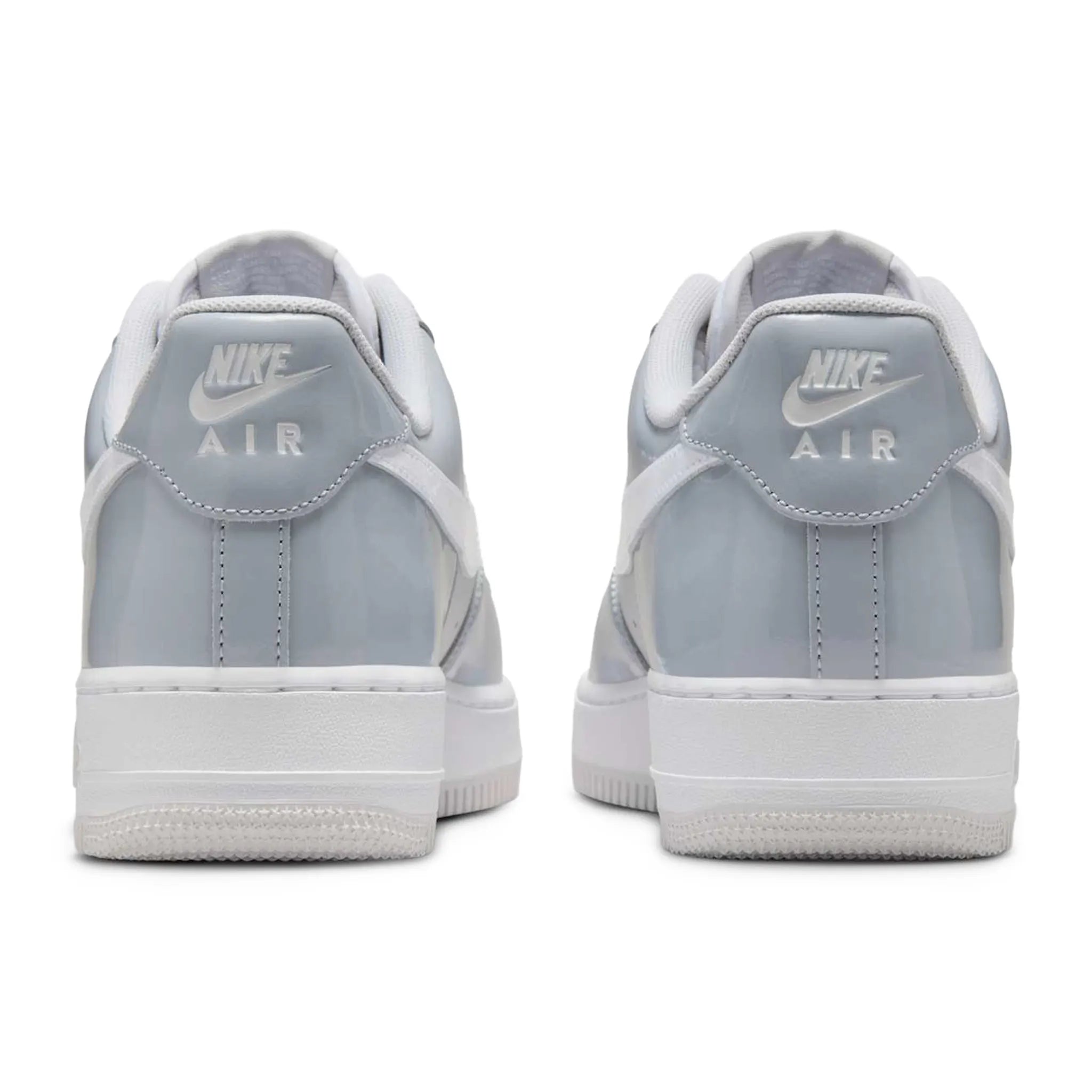 Back Side View of Nike Air Force 1 Wolf Grey Patent Sneaker HV9405-001