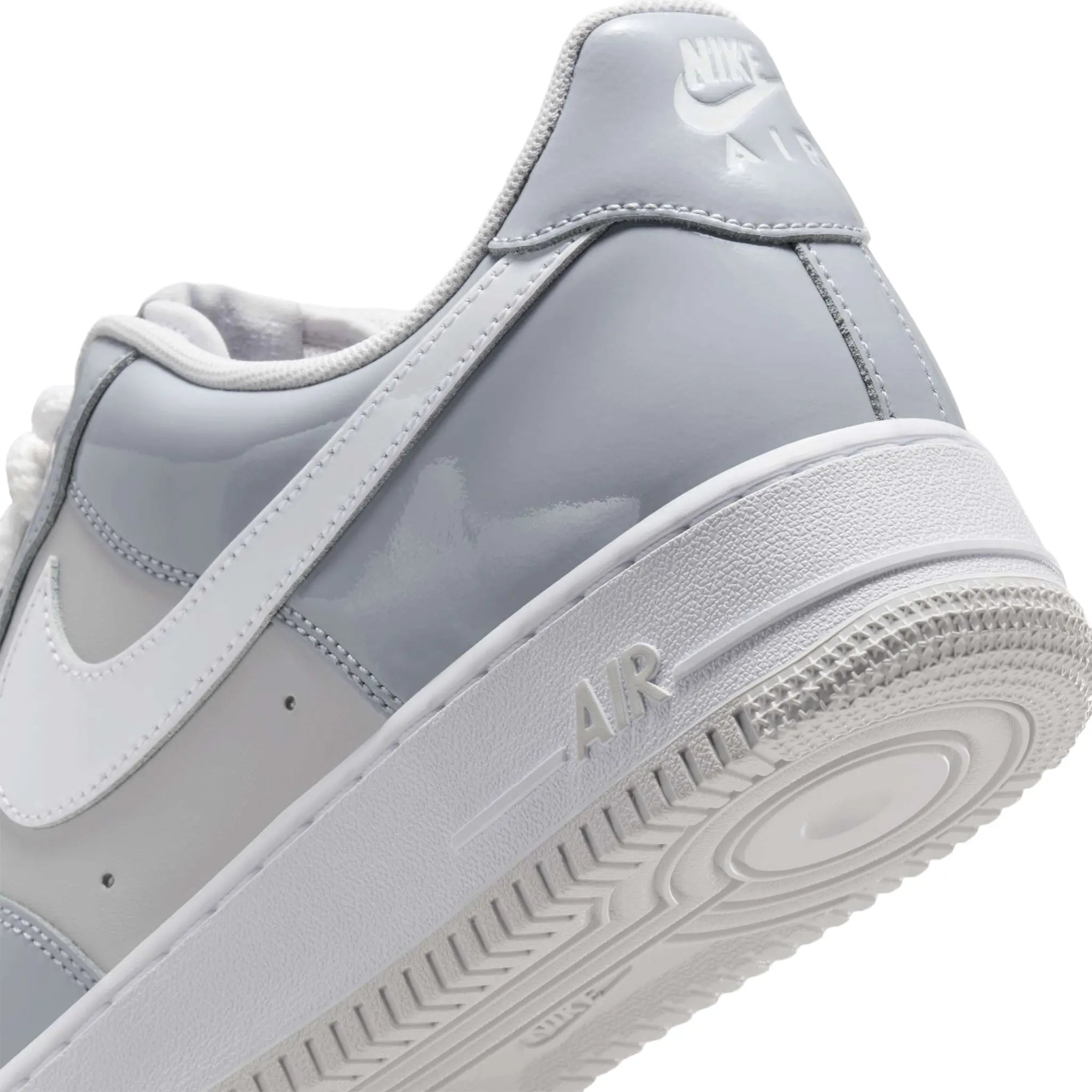 Back Detailed View of Nike Air Force 1 Wolf Grey Patent Sneaker HV9405-001