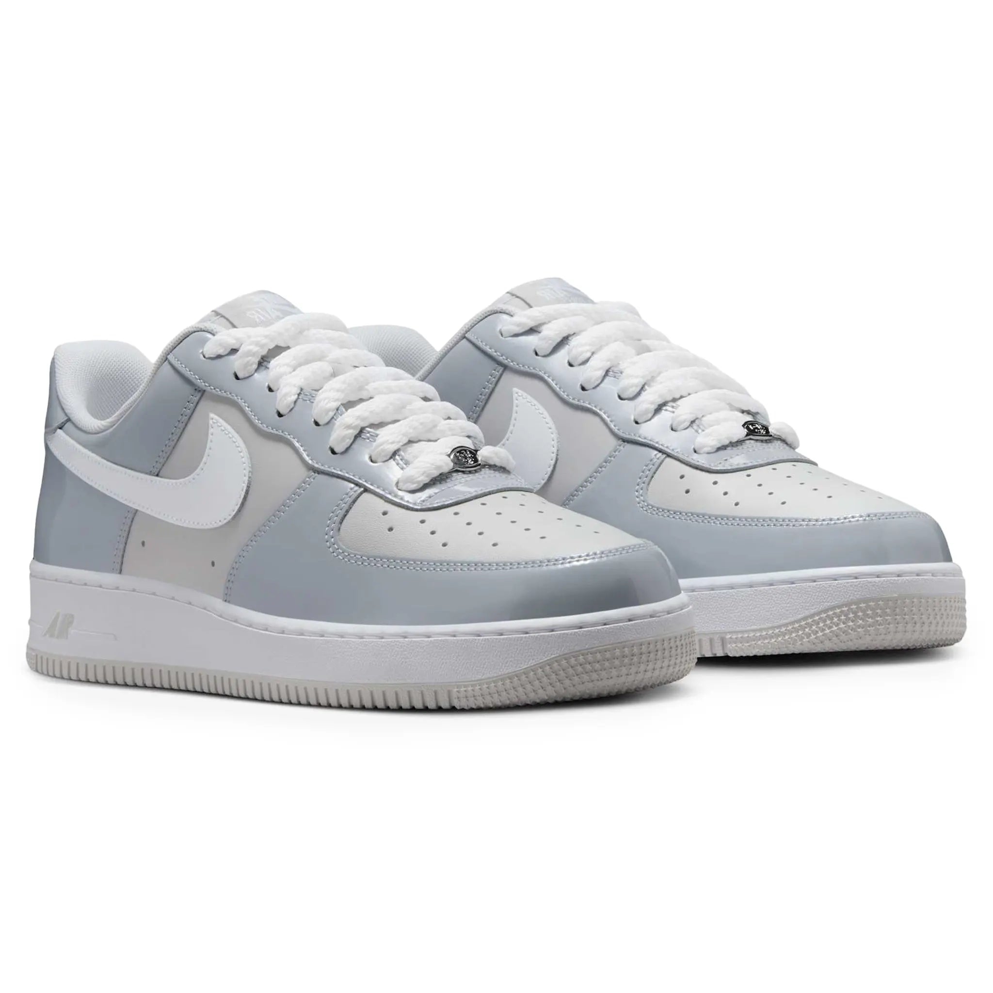 Front Side View of Nike Air Force 1 Wolf Grey Patent Sneaker HV9405-001