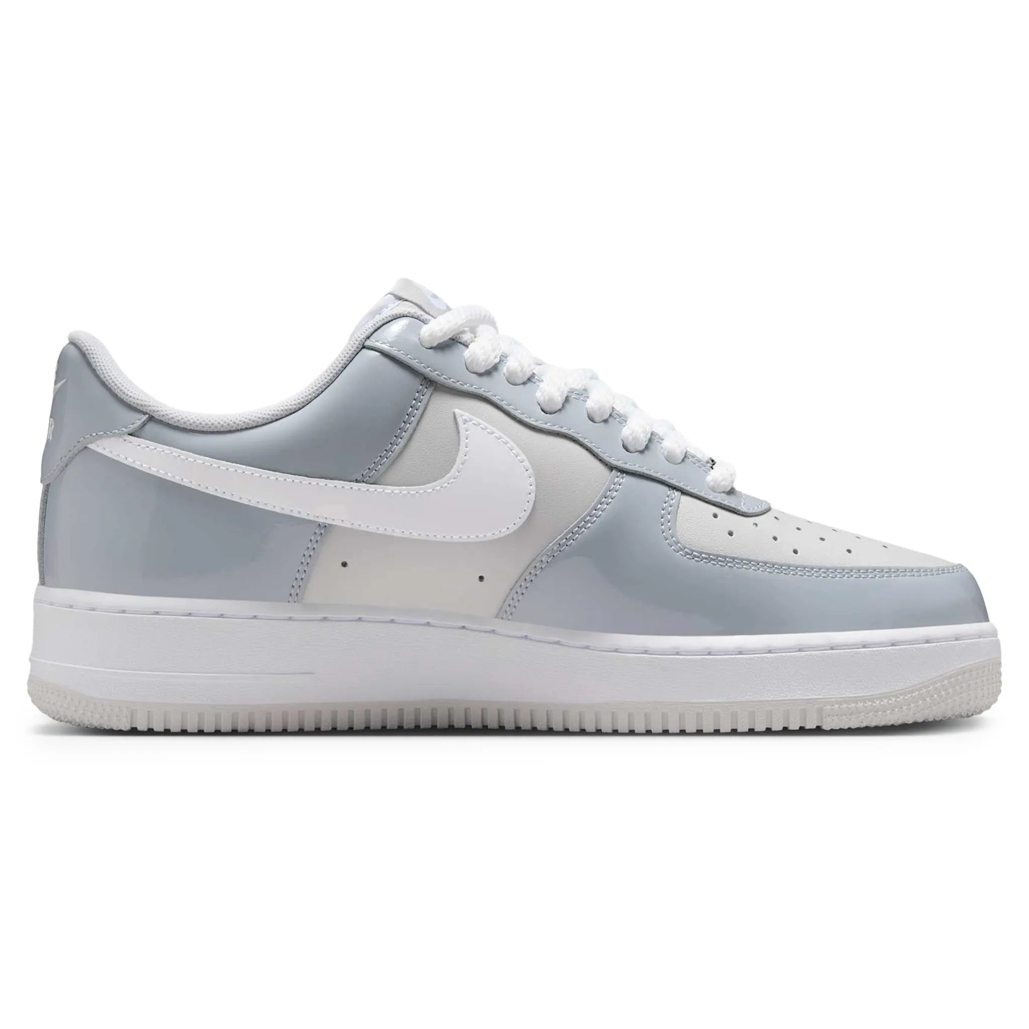 Side View of Nike Air Force 1 Wolf Grey Patent Sneaker HV9405-001